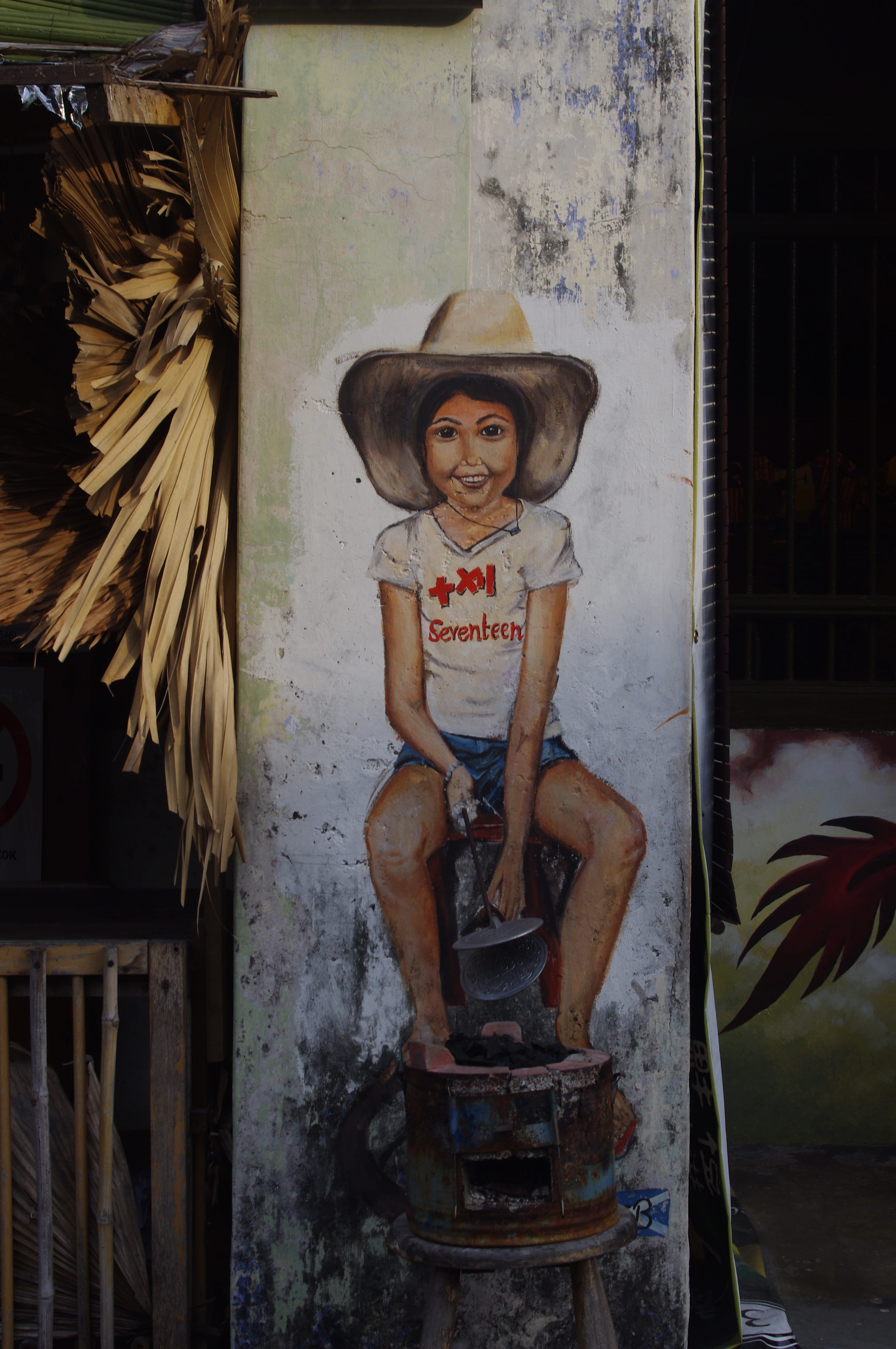 Street-Art, building exterior, real people, halloween, art and craft, Malaysia, door, hat, clothing, Penang, built structure, 4K, human representation, Phone HD Wallpaper