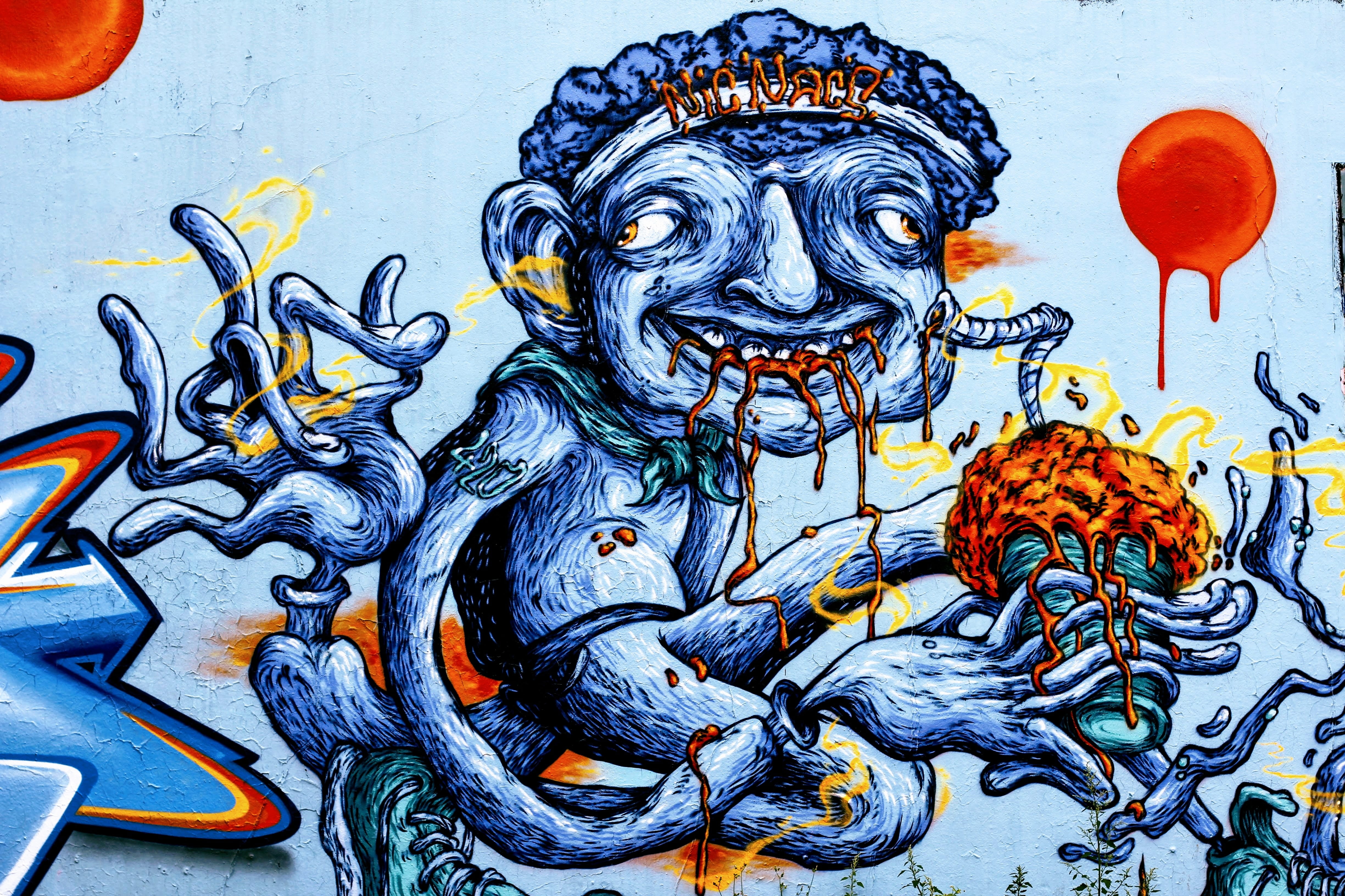 eating, wall, water, ornate, nature, multi colored, blue, colorful, marine, painting, abstract, art and craft, 4K, close-up, spray, mural, graffiti, paint, HD Wallpaper