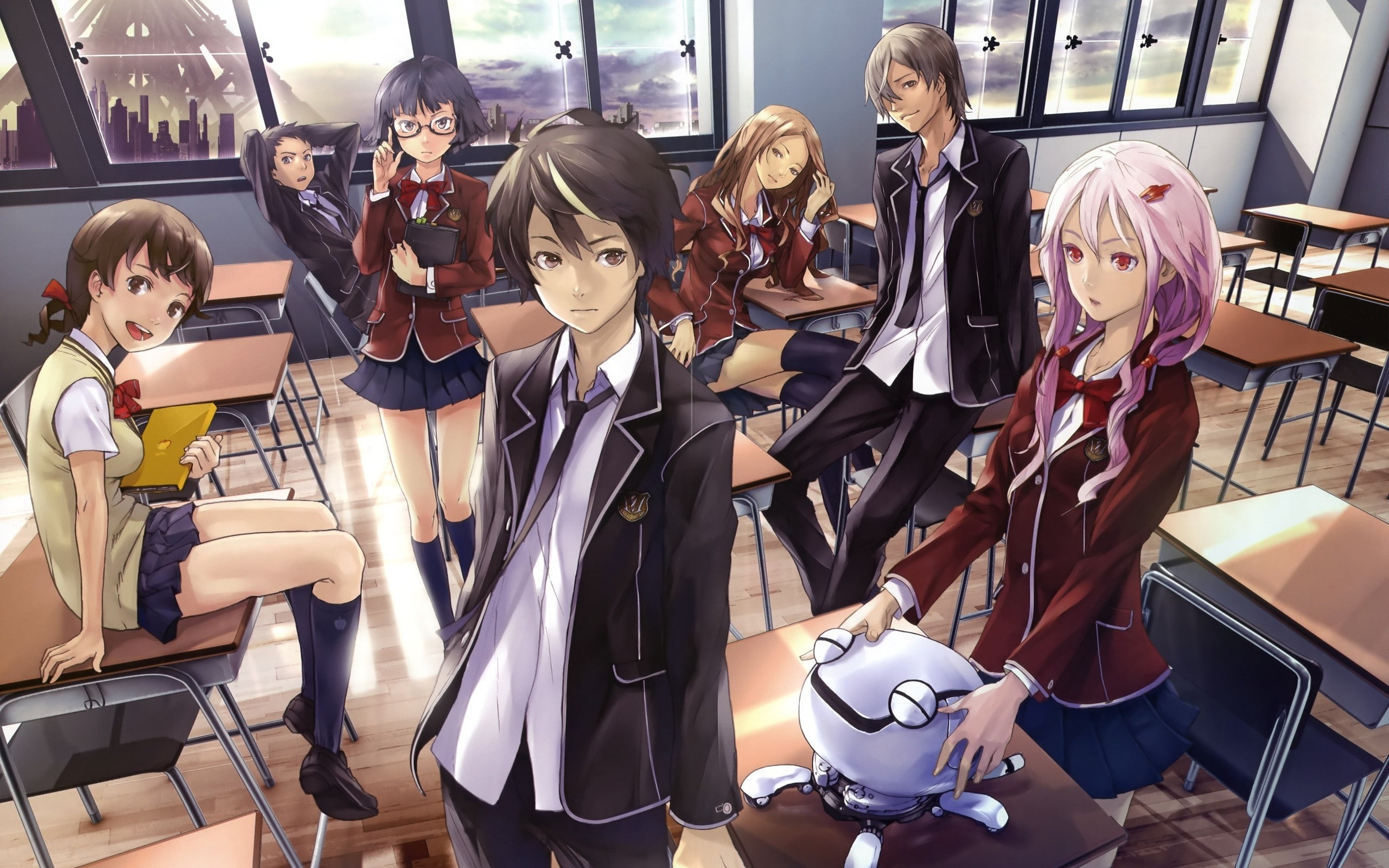 uniforms, shu, glasses, kusama, red, skirts, hair, meganekko, menjou, ouma, arisa, girls, crown, boys, eyes, samukawa, guilty, 2K, tamadate, desks, tie, HD Wallpaper