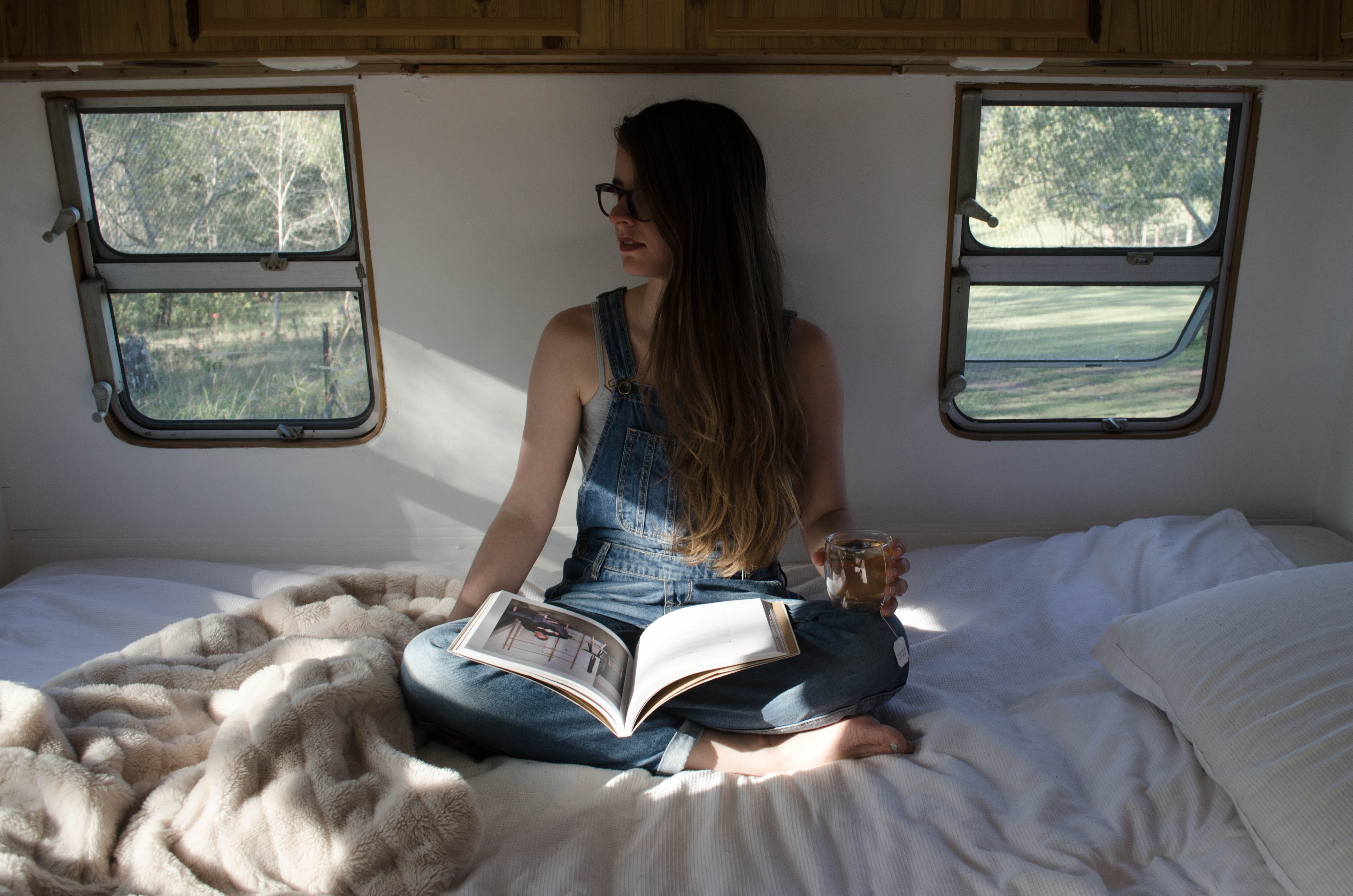 reading, hairstyle, bed, drinking, indoor, furniture, holding, young women, adult, publication, dungaree, indoors, sitting, glass, s, 4K, denim, young adult, HD Wallpaper