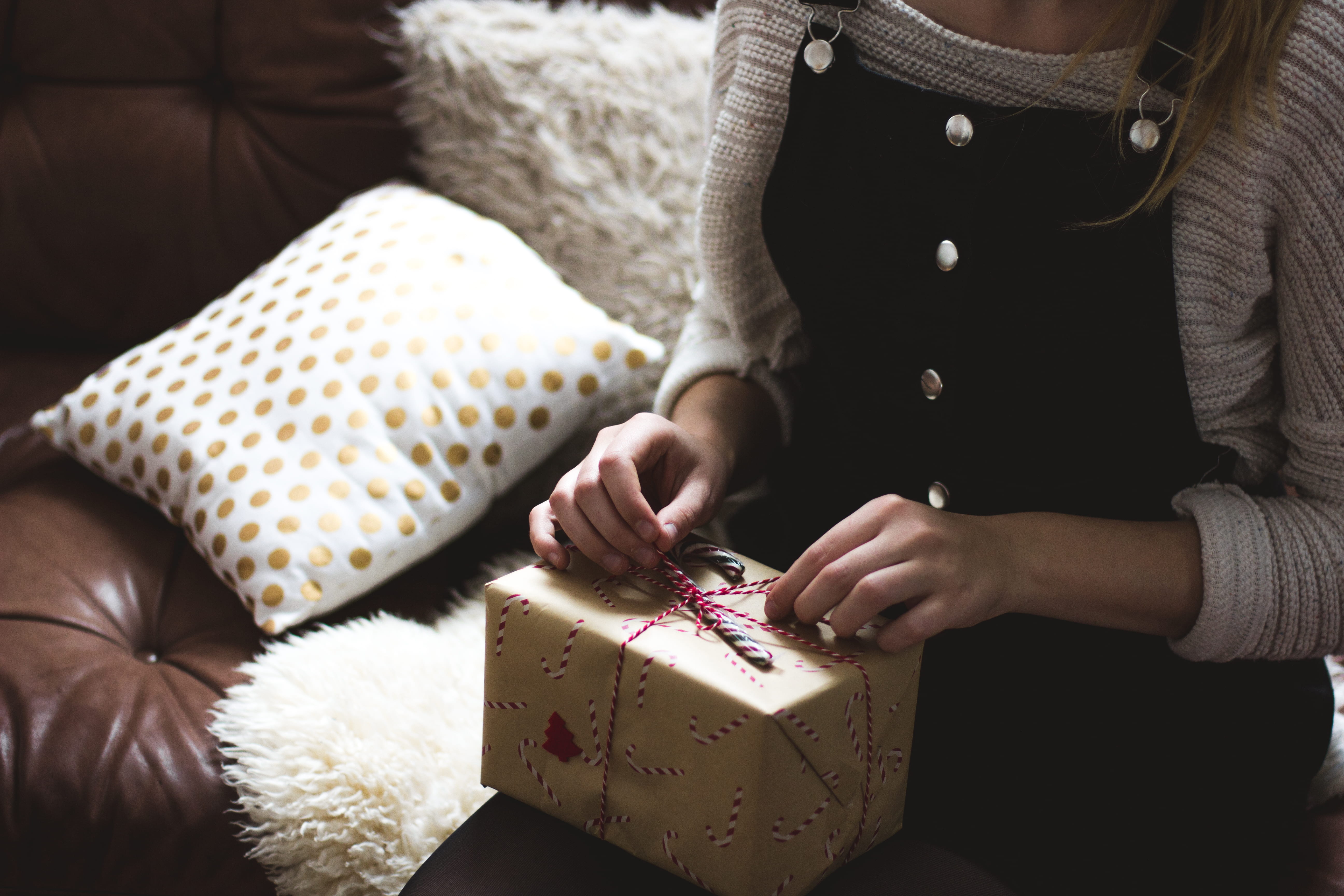 blue, woman, wrapping paper, present, holding, yellow, box - container, holiday, opening, denim, gift box, cushion, lap, ribbon, women, closeup, packing, HD Wallpaper