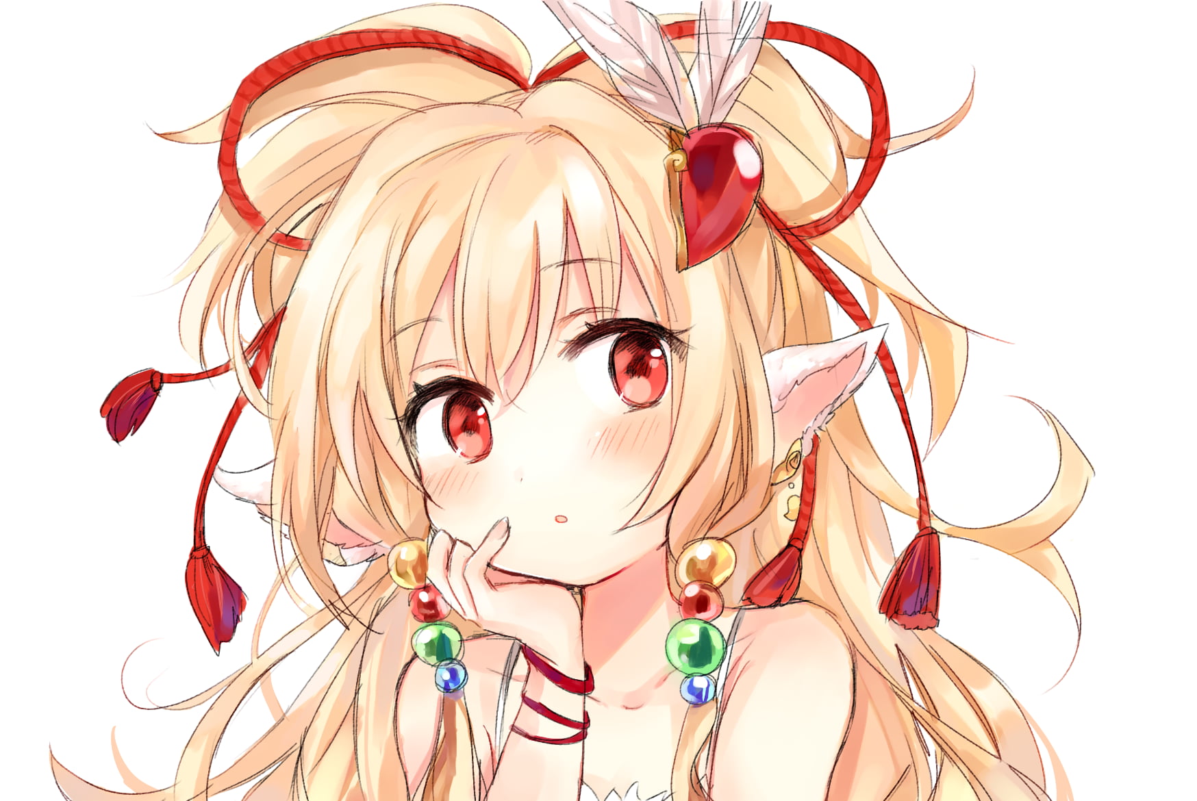 blush, blonde, long hair, 720P, loli, mahira (granblue fantasy), pointed ears, wristwear, red eyes, animal ears, HD Wallpaper