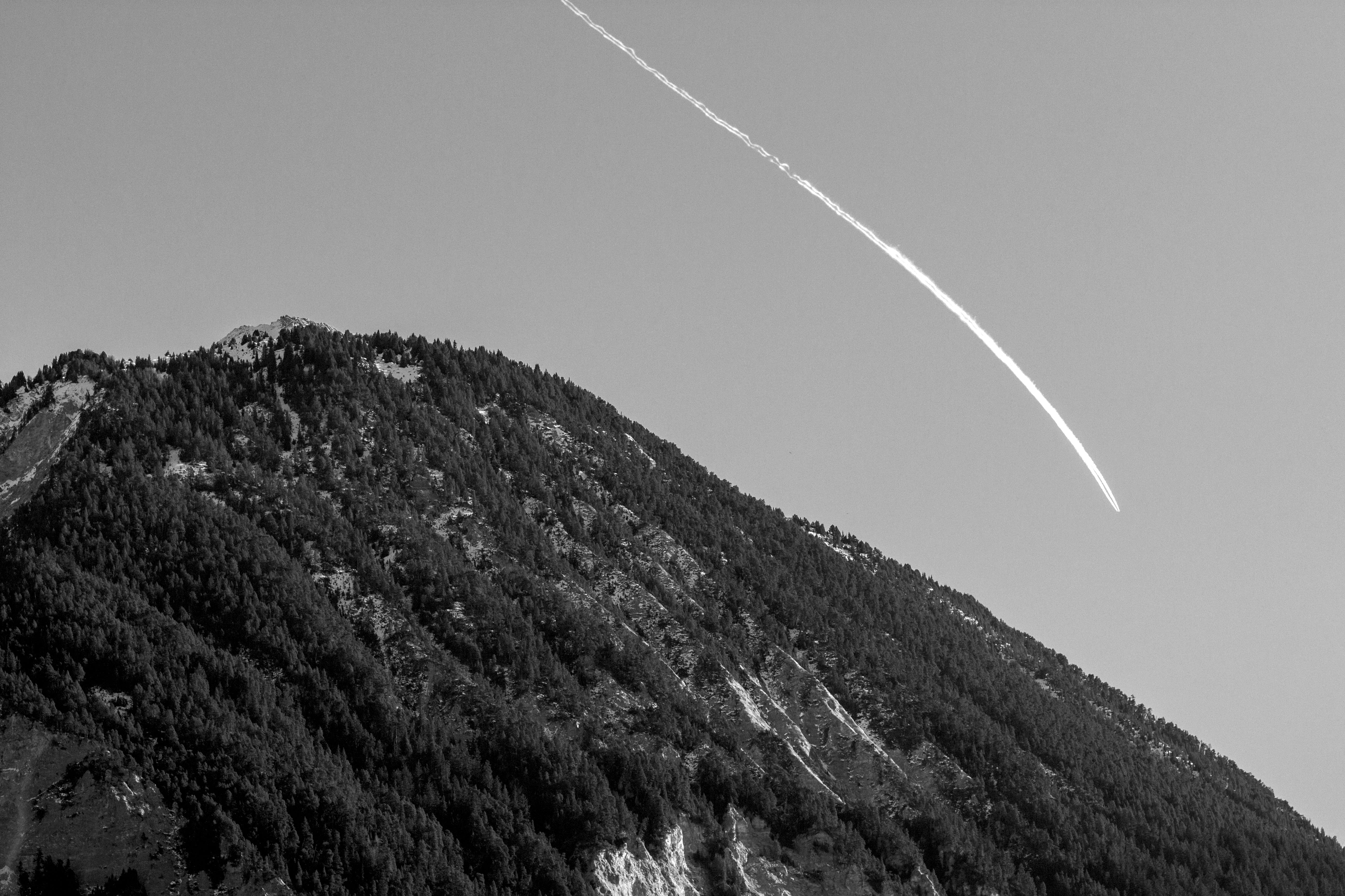 day, mountain range, black and white, vapor trail, nature, 5K, méribel, airplane, non-urban scene, environment, idyllic, low angle view, cloud - sky, scenics - nature, HD Wallpaper