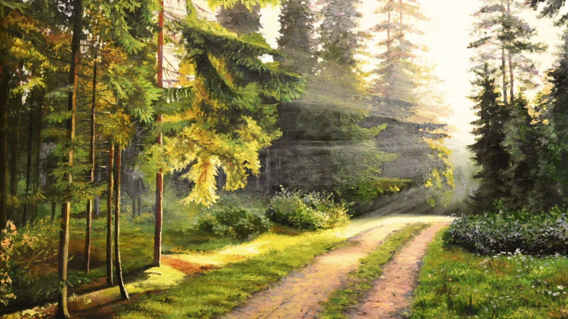 painting, scenics - nature, environment, outdoors, 1080P, painting art, sunlight, morning, nature, green color, wilderness, temperate coniferous forest, HD Wallpaper