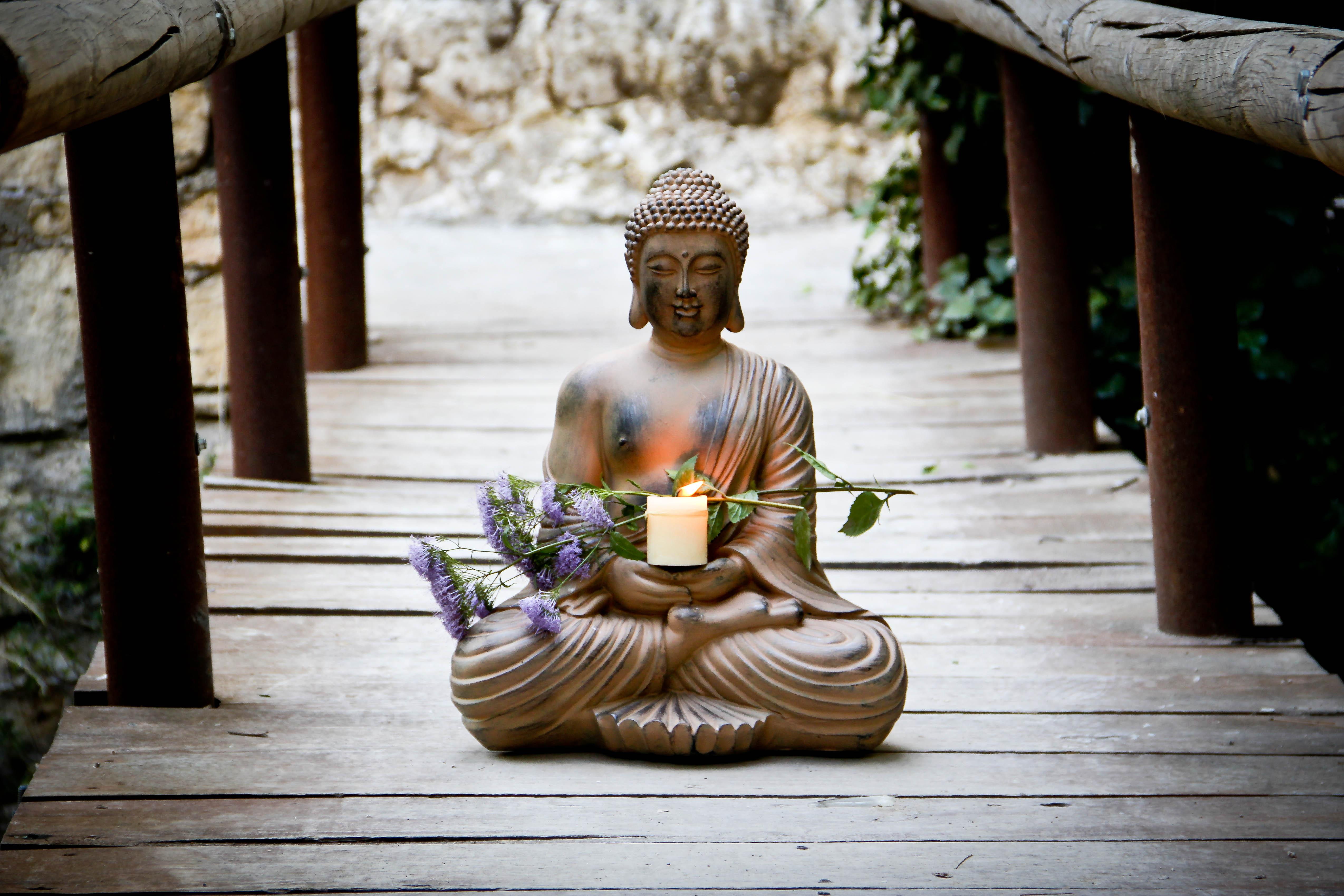 buddha, fresh, flowers, meditation, bridge, peace, 4K, candle, HD Wallpaper