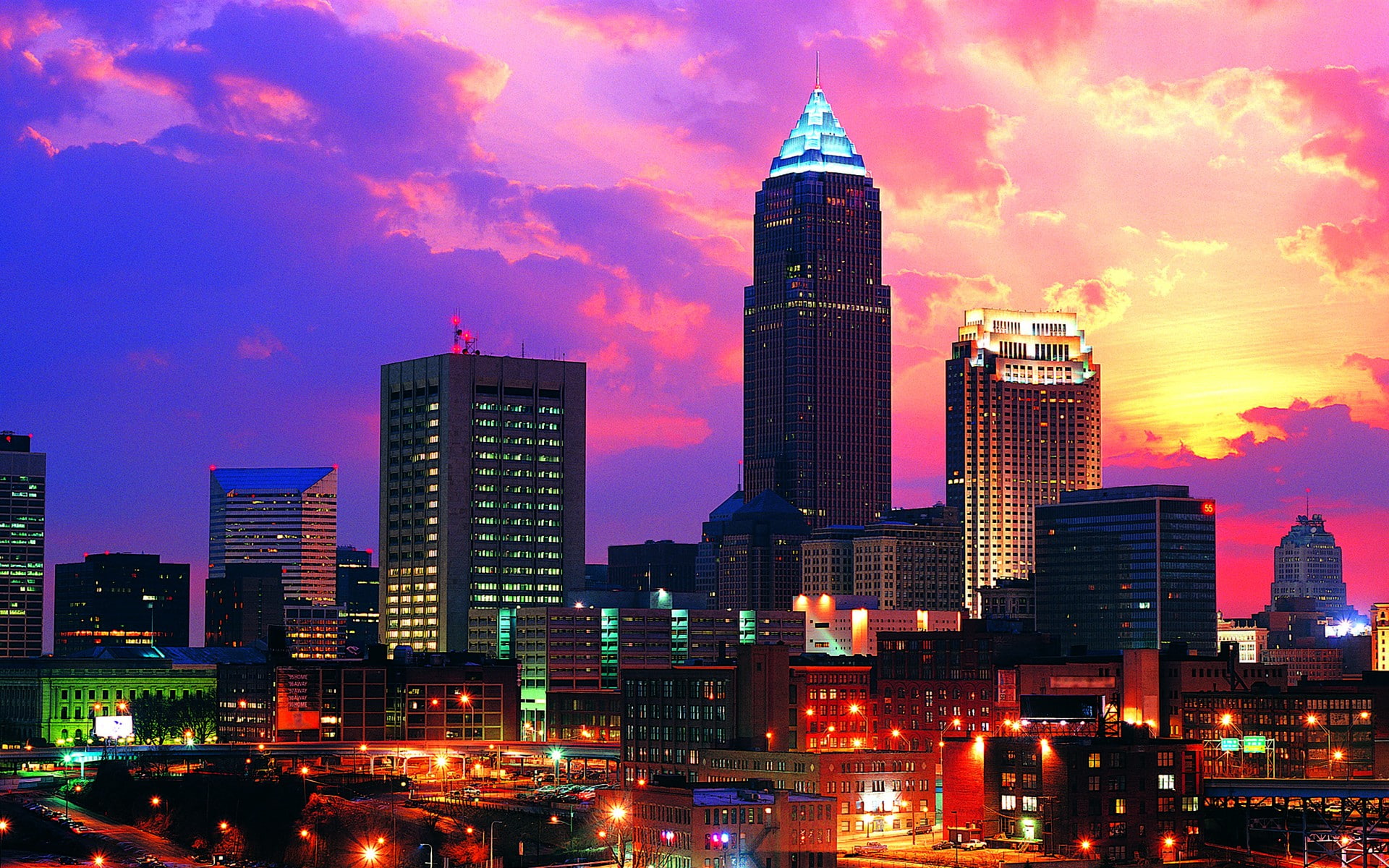 rise, USA, Buildings, 1080P, clevelend, lighted, architecture, high, Cleveland, HD Wallpaper