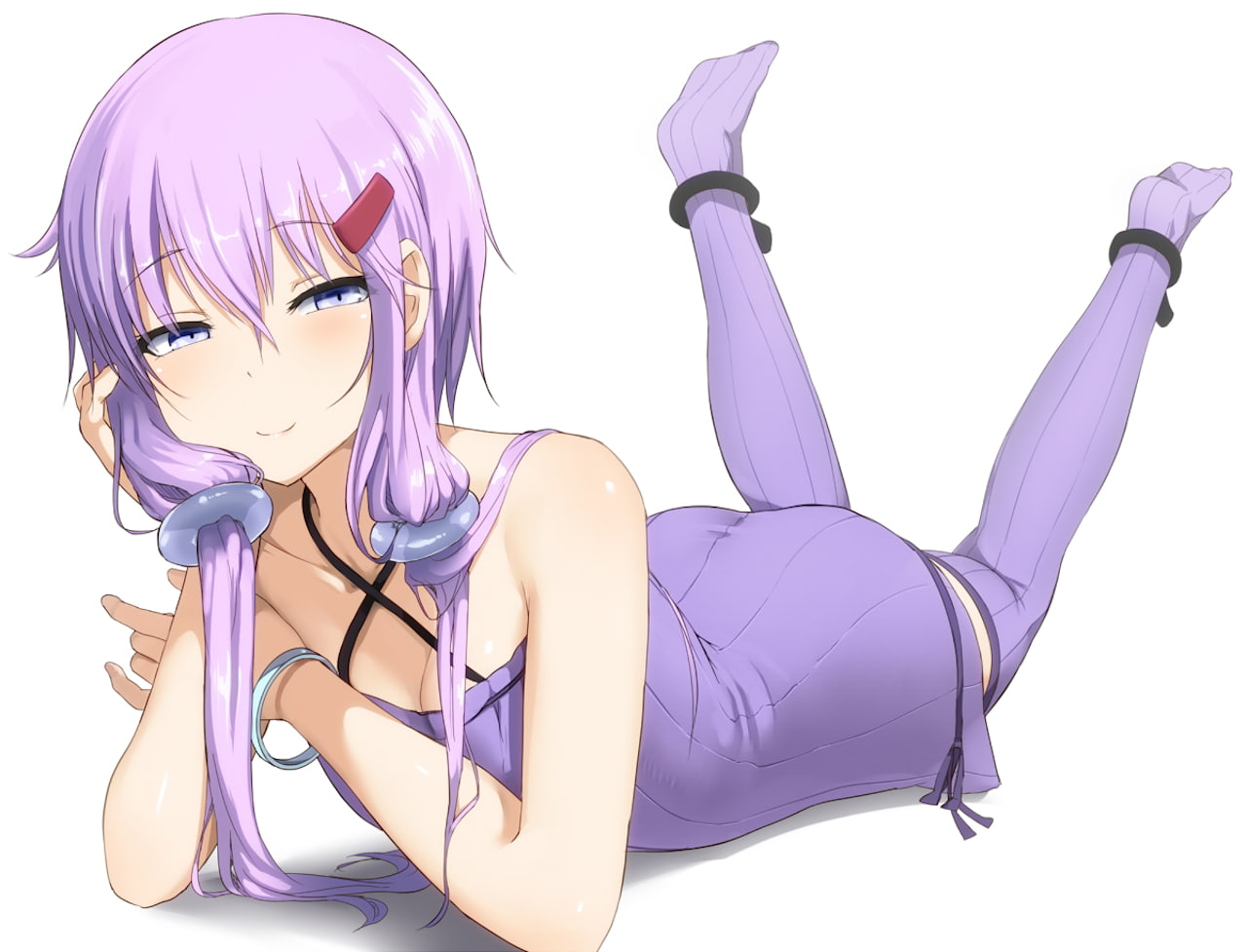 twintails, 720P, legs up, thigh-highs, Vocaloid, white  background, purple dresses, anime girls, Voiceroid, pink hair, long hair, Yuzuki Yukari, HD Wallpaper