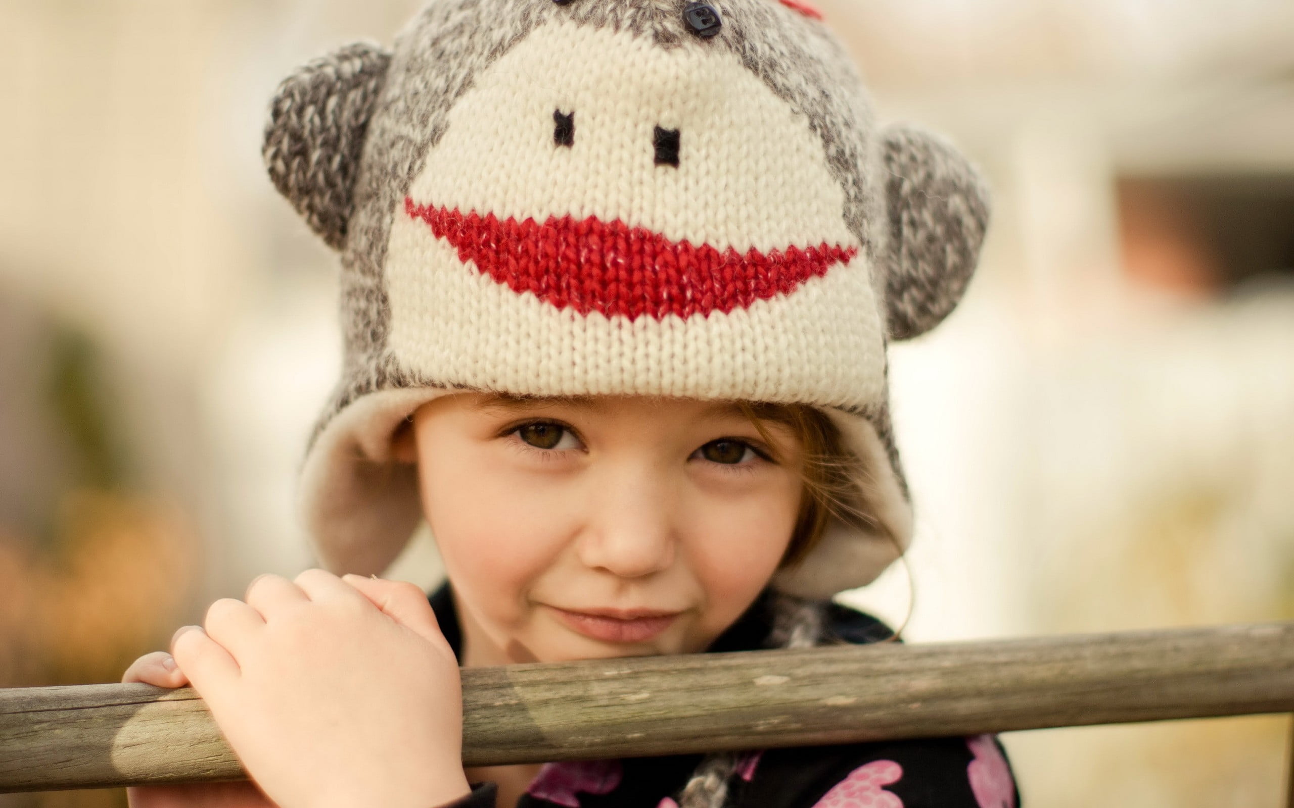 outdoors, childhood, knit, real people, toque, 2K, close-up, child, headshot, s, little girl, portrait, monkey, baby, one person, smiling, focus on foreground, HD Wallpaper