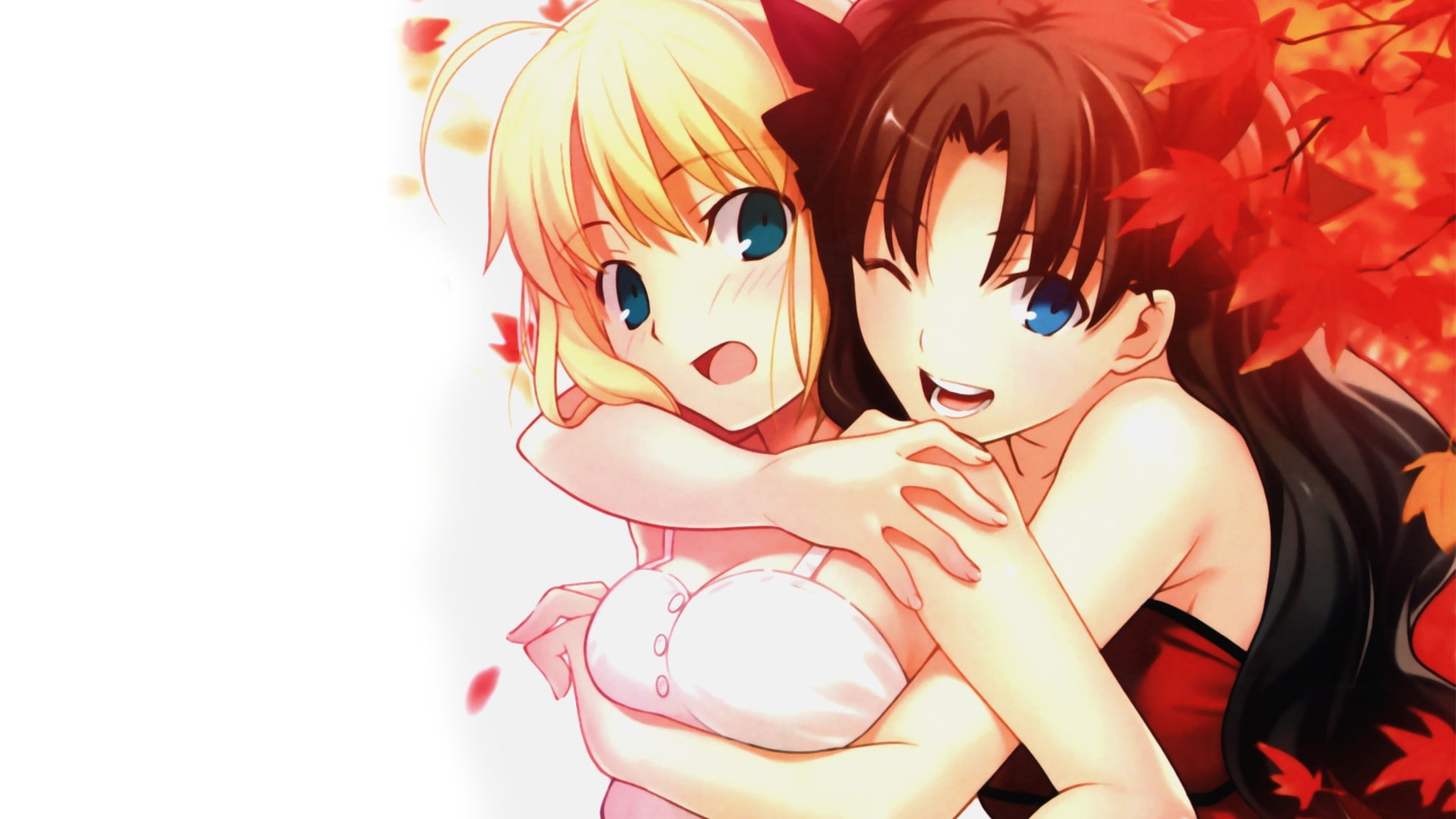 Fate Series, hugging, Saber, anime girls, Tohsaka Rin, 1080P, HD Wallpaper