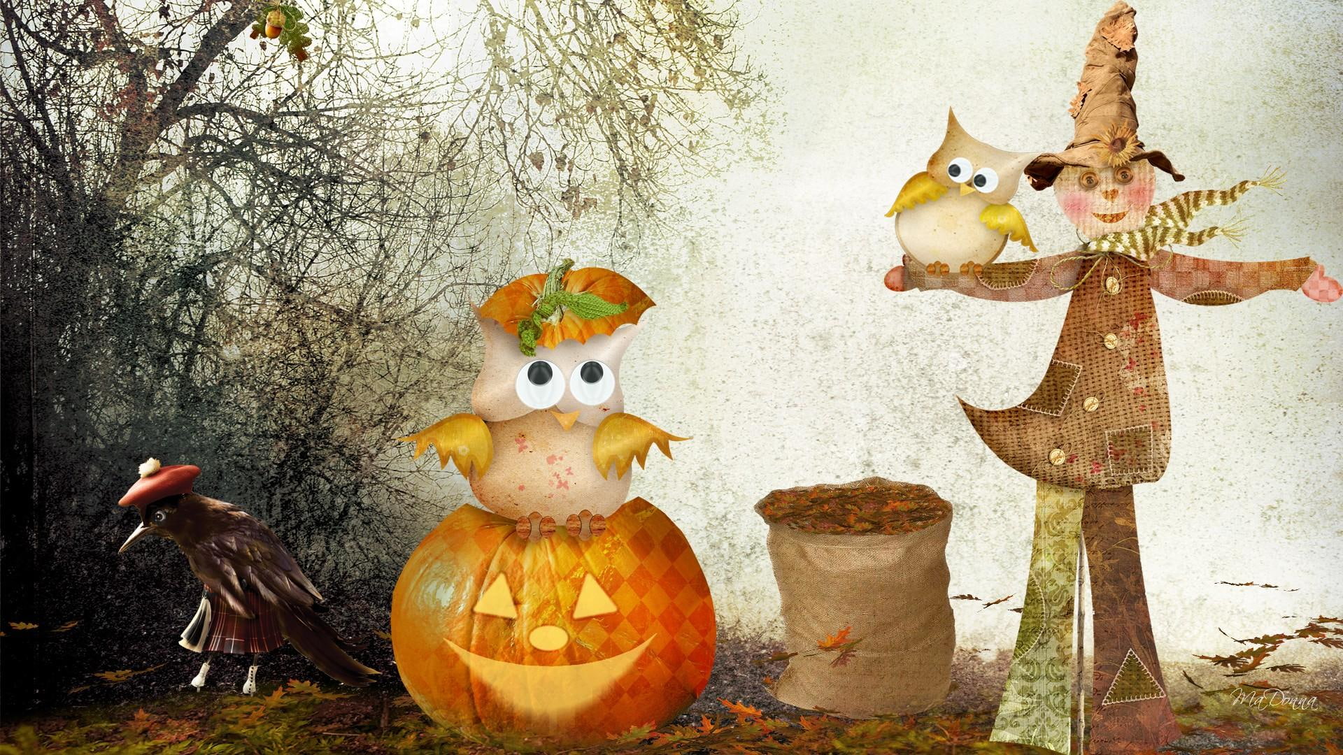 1080P, halloween, whimiscal, crow, firefox persona, autumn, leaves, owls, scarecrow, fall, jack-0o-lantern, HD Wallpaper