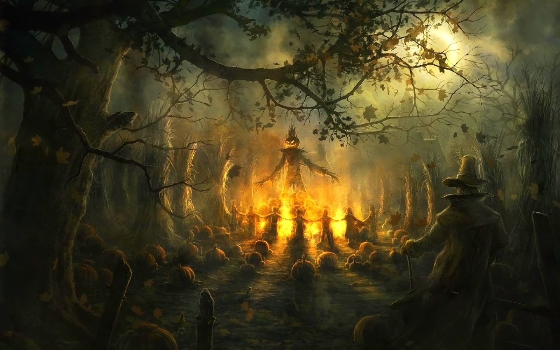 tree, burning, flame, no people, night, beauty in nature, plant, environment, fire, 1080P, evil scarecrow, heat - temperature, scarecrow, forest, fire - natural phenomenon, HD Wallpaper