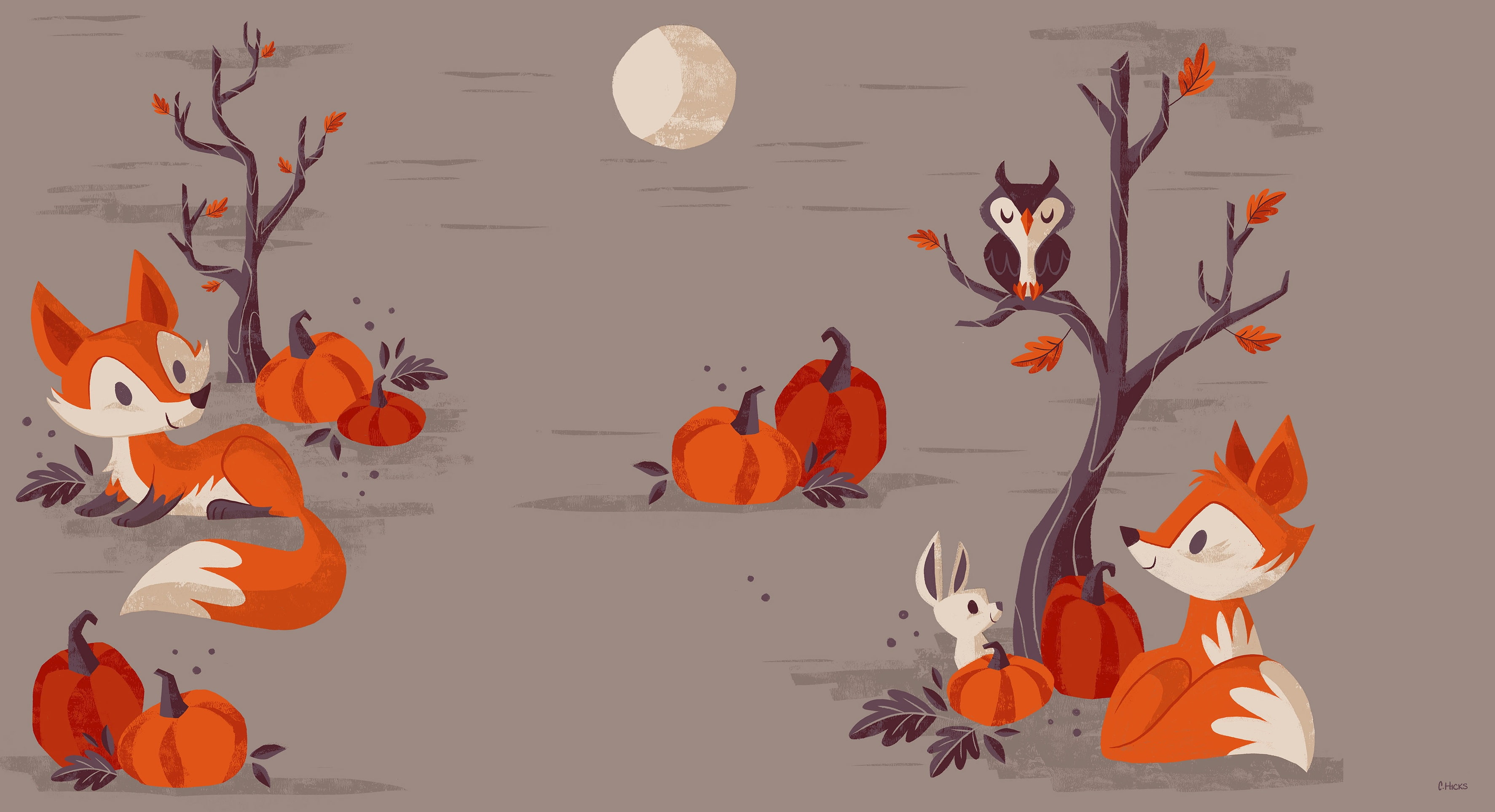 night, pumpkin, Fox, Halloween, vector, holiday, childrens, 2K, the moon, art, HD Wallpaper