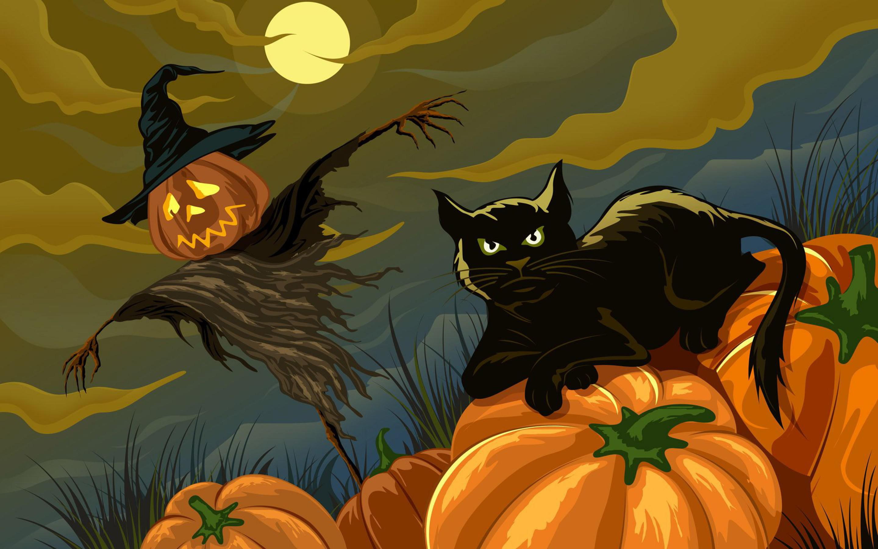 2K, cat, lot, black, holiday, halloween, pumpkins, black cat, scarecrow, holiday halloween, HD Wallpaper