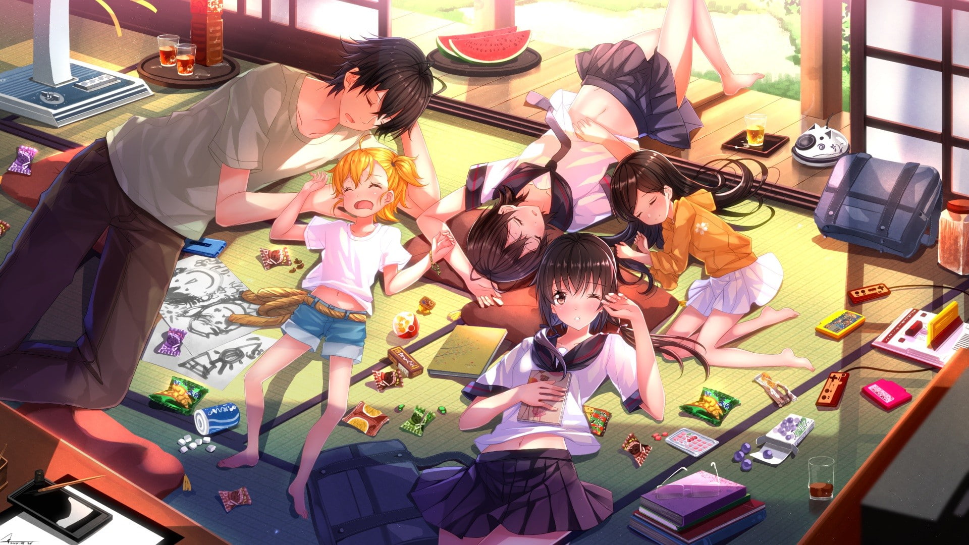 Kubota Hina, Kotoishi Naru, Yamamura Miwa, Arai Tamako, 1080P, Swordsouls, school uniform, Barakamon, anime, anime girls, Handa Seishuu, sleeping, anime, HD Wallpaper