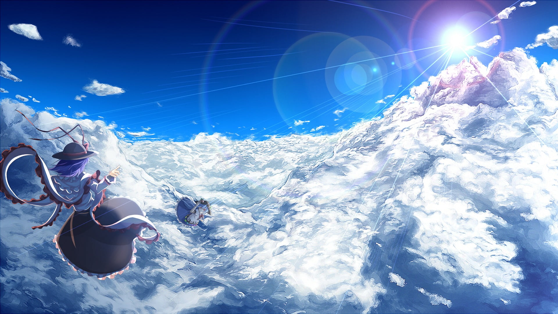 white, 1080P, sky, clouds, Touhou, Hinanawi Tenshi , blue, sun, Shirayuki Mutsumi, HD Wallpaper