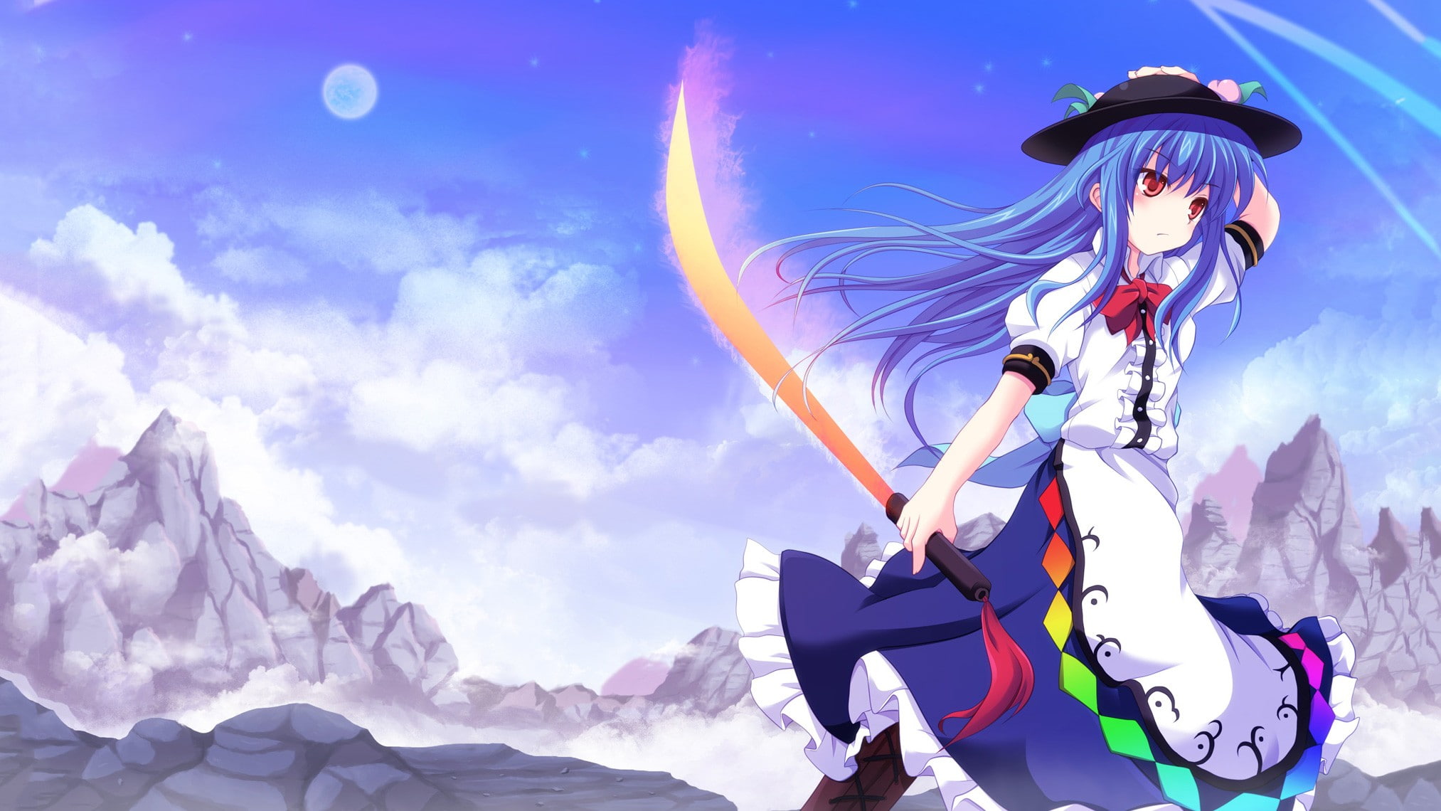 ribbon, cold temperature, mountain, sky, nature, snow, day, Touhou, cloud - sky, Hinanawi Tenshi, winter, digital composite, blue hair, real people, red eyes, HD Wallpaper