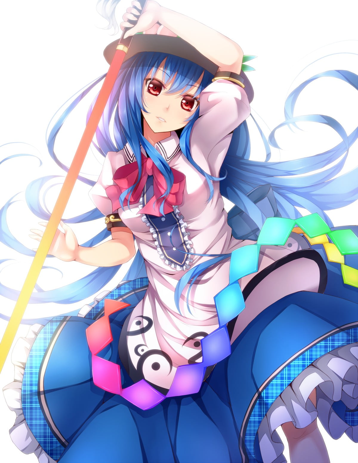 close-up, red eyes, adult, human representation, indoors, art and craft, multi colored, creativity, Hinanawi Tenshi , Touhou, 720P, blue hair, anime girls, Phone HD Wallpaper