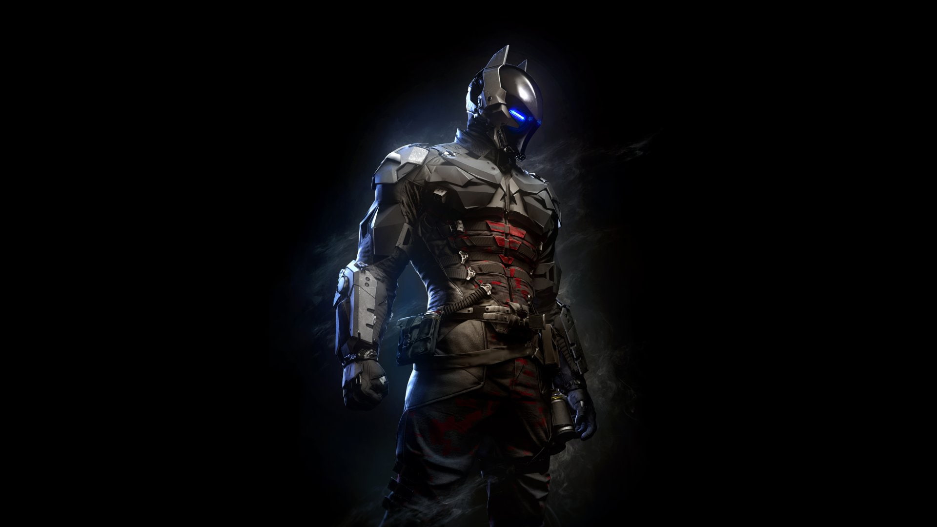 Mask, red, Glowing Eyes, hood, knight, Arkham Knight (DC Comics), Belt, Armor, arkhan, Batman: Arkham Knight, Blue Eyes, digital, Batman, Man, HD Wallpaper
