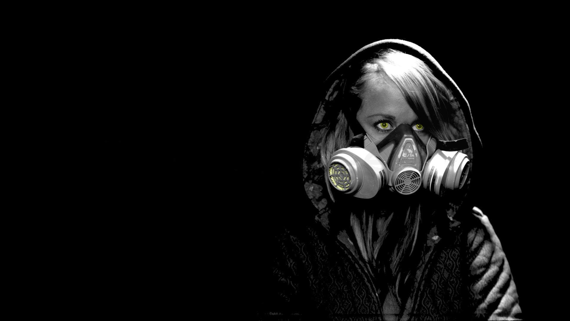 obscured face, front view, portrait, gas masks, green eyes, 1080P, security, selective coloring, studio shot, dark, women, child, boys, one person, males, HD Wallpaper
