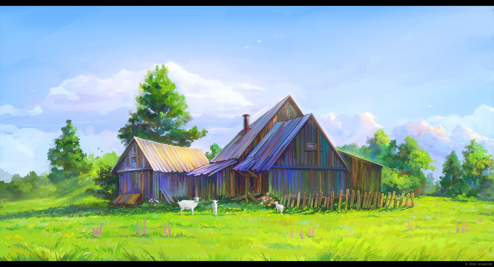 transfer print, artwork, auto post production filter, 720P, sheep, house, green color, no people, sky, grass, building exterior, architecture, brown, field, HD Wallpaper