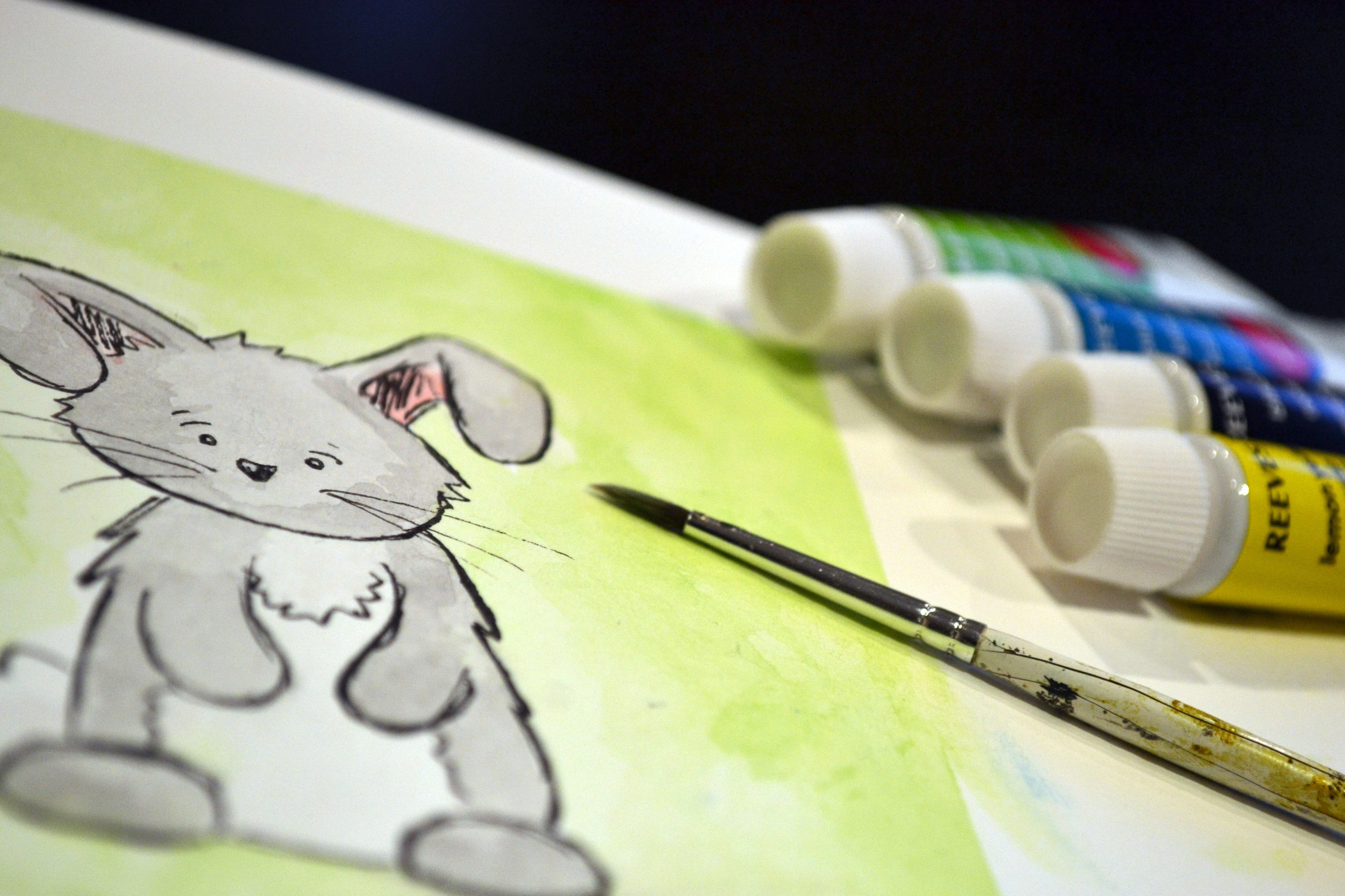 rabbit, indoors, green color, happy, kids, easter, colorful, white, pencil, eggs, day, symbol, paint, bunny, simple, representation, holiday, toy, animal, HD Wallpaper