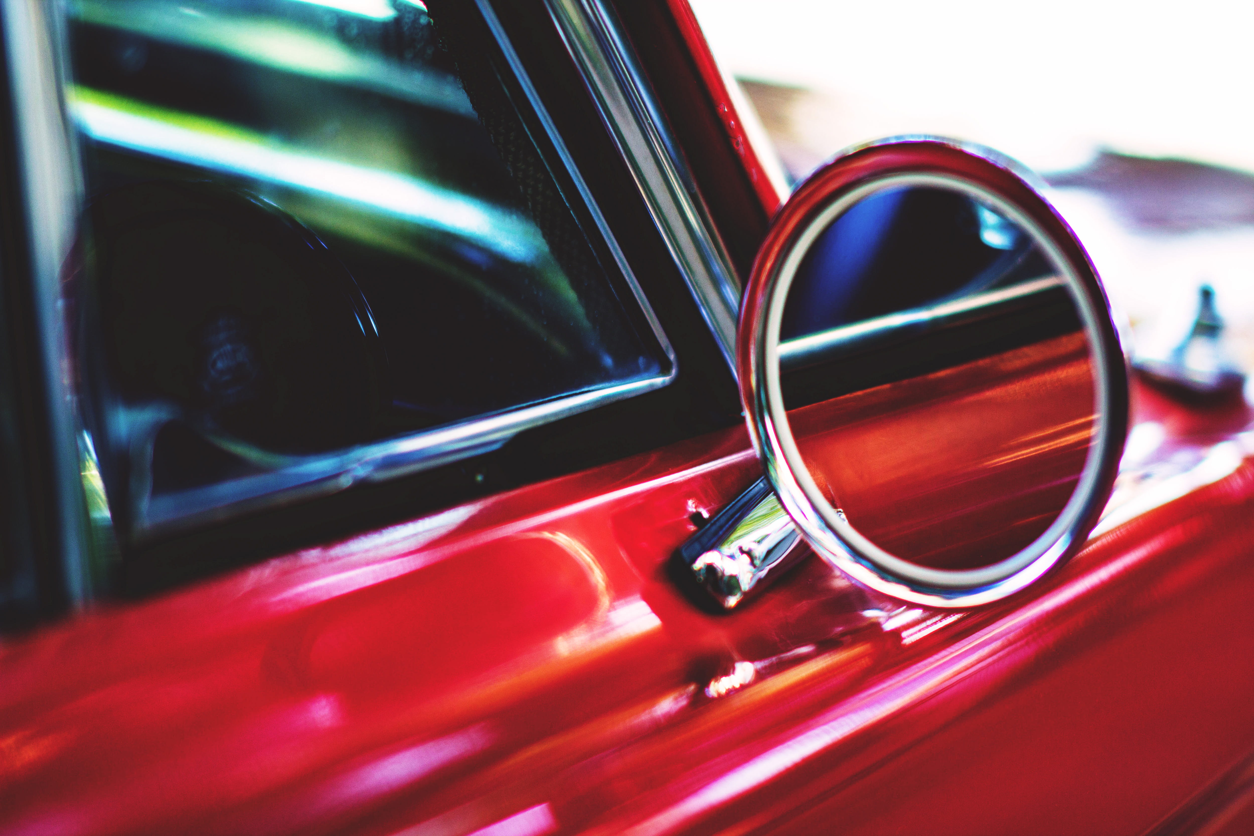 antique, vehicle part, red, mirror, shiny, selective focus, wing, vintage Car, old, glass - material, motor vehicle, reflection, shot, steering wheel, luxury, HD Wallpaper