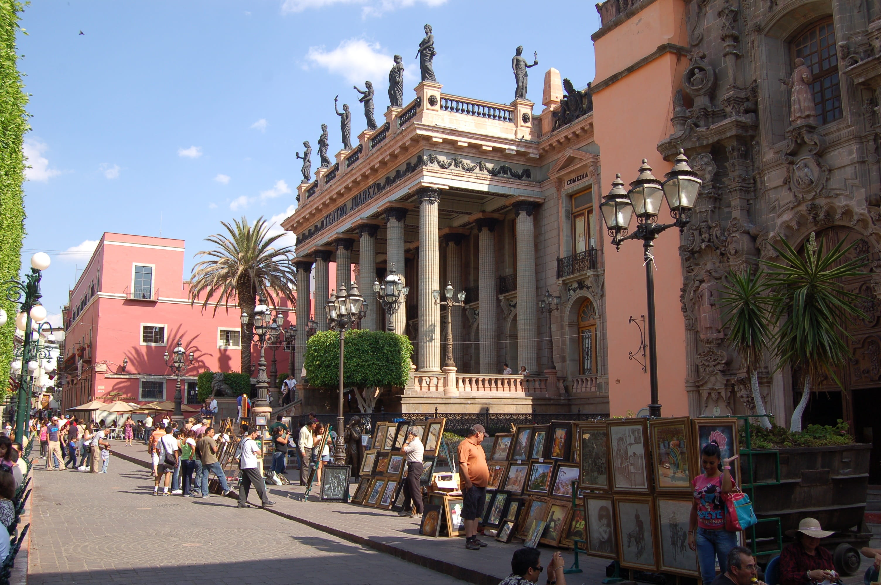 city life, nature, architecture, group of people, city, mexico, outdoors, road, transportation, sky, guanajuato, adult, teatro juarez, built structure, HD Wallpaper