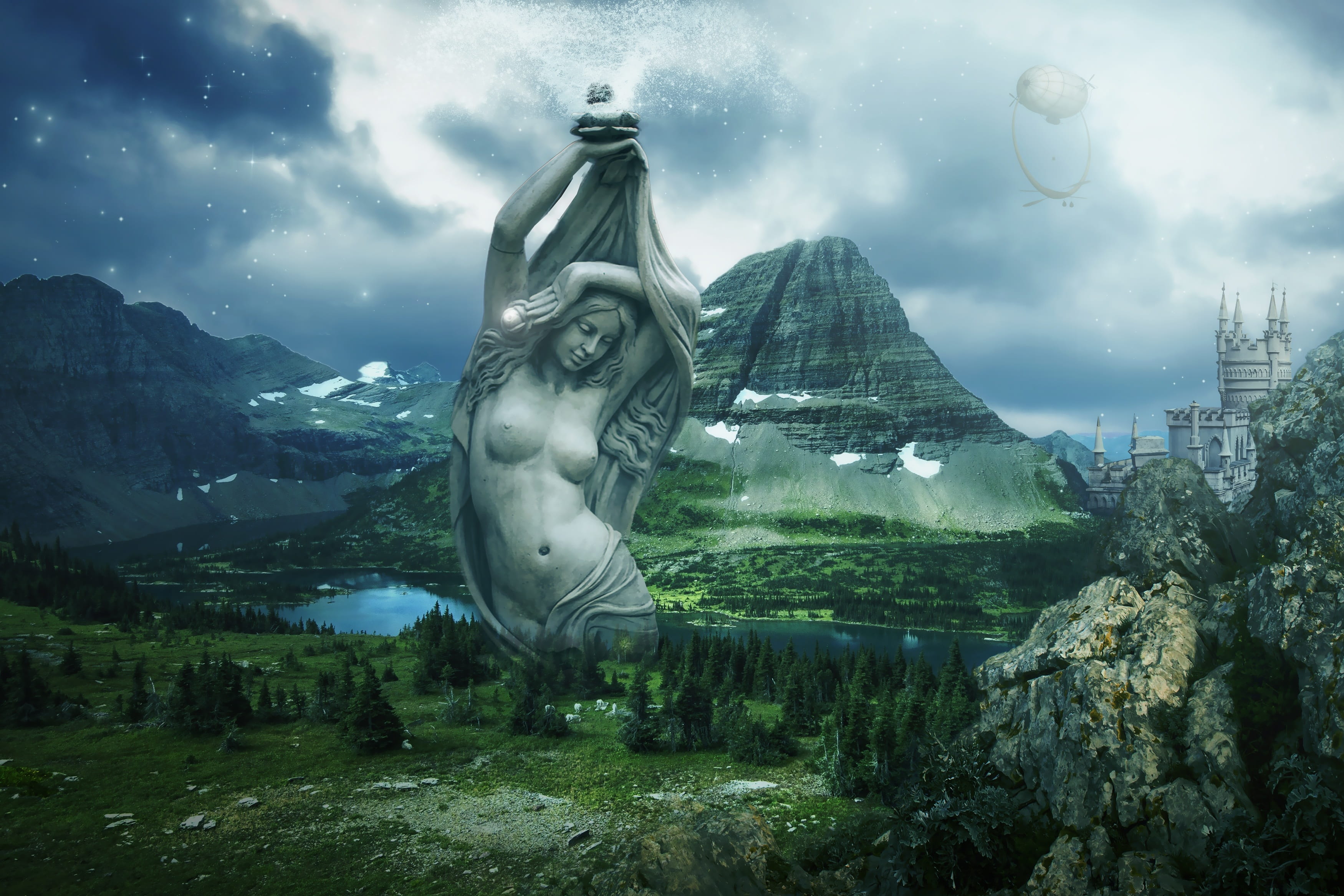 no people, magic, fantasy landscape, dream, digital composite, water, photoshop, art and craft, mountain, nature, statue, representation, outdoors, water source, HD Wallpaper