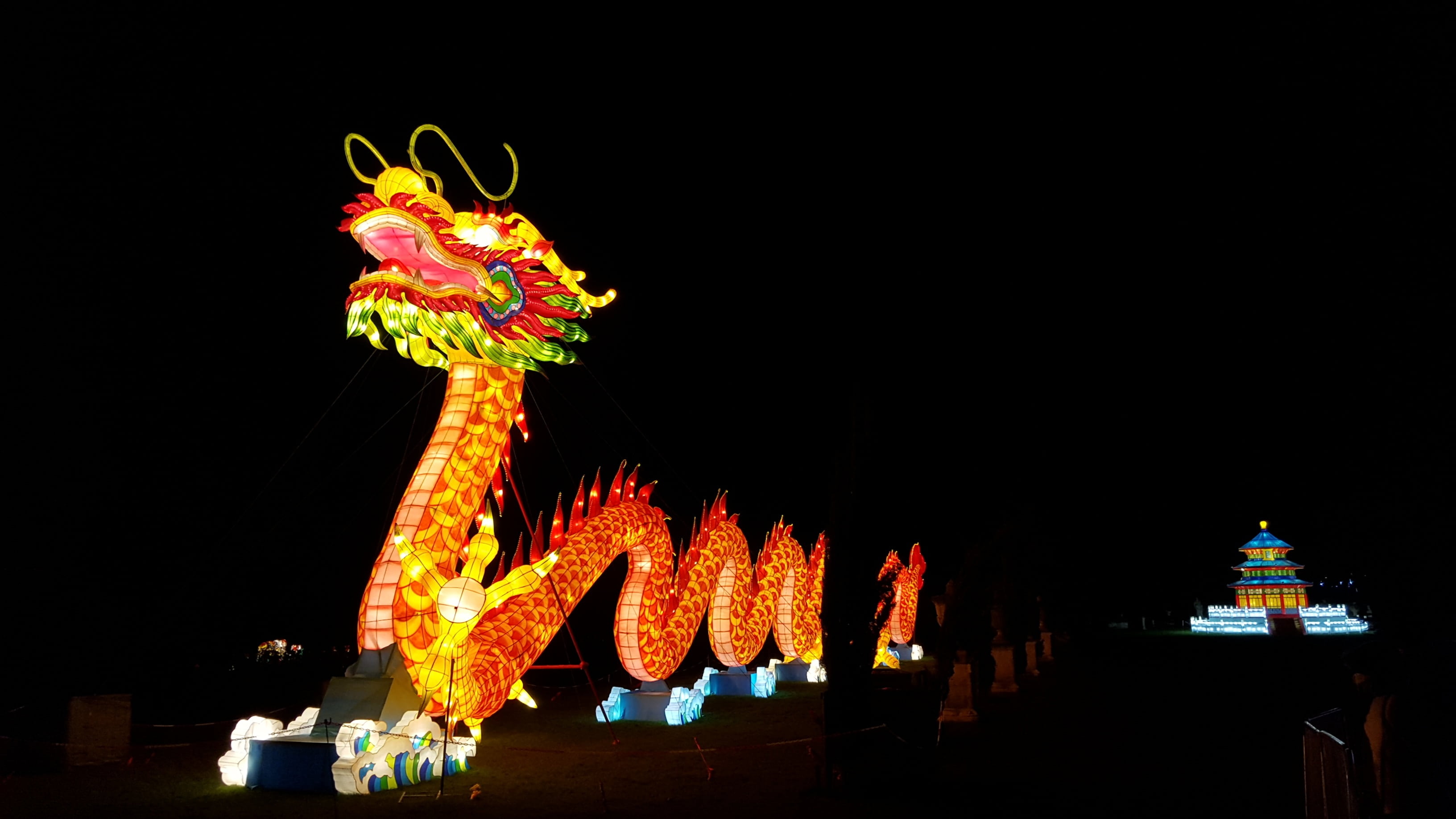 black background, architecture, tradition, illuminated, buddhism, no people, dragon, thailand, decoration, traditional festival, holiday, outdoors, cultures, HD Wallpaper