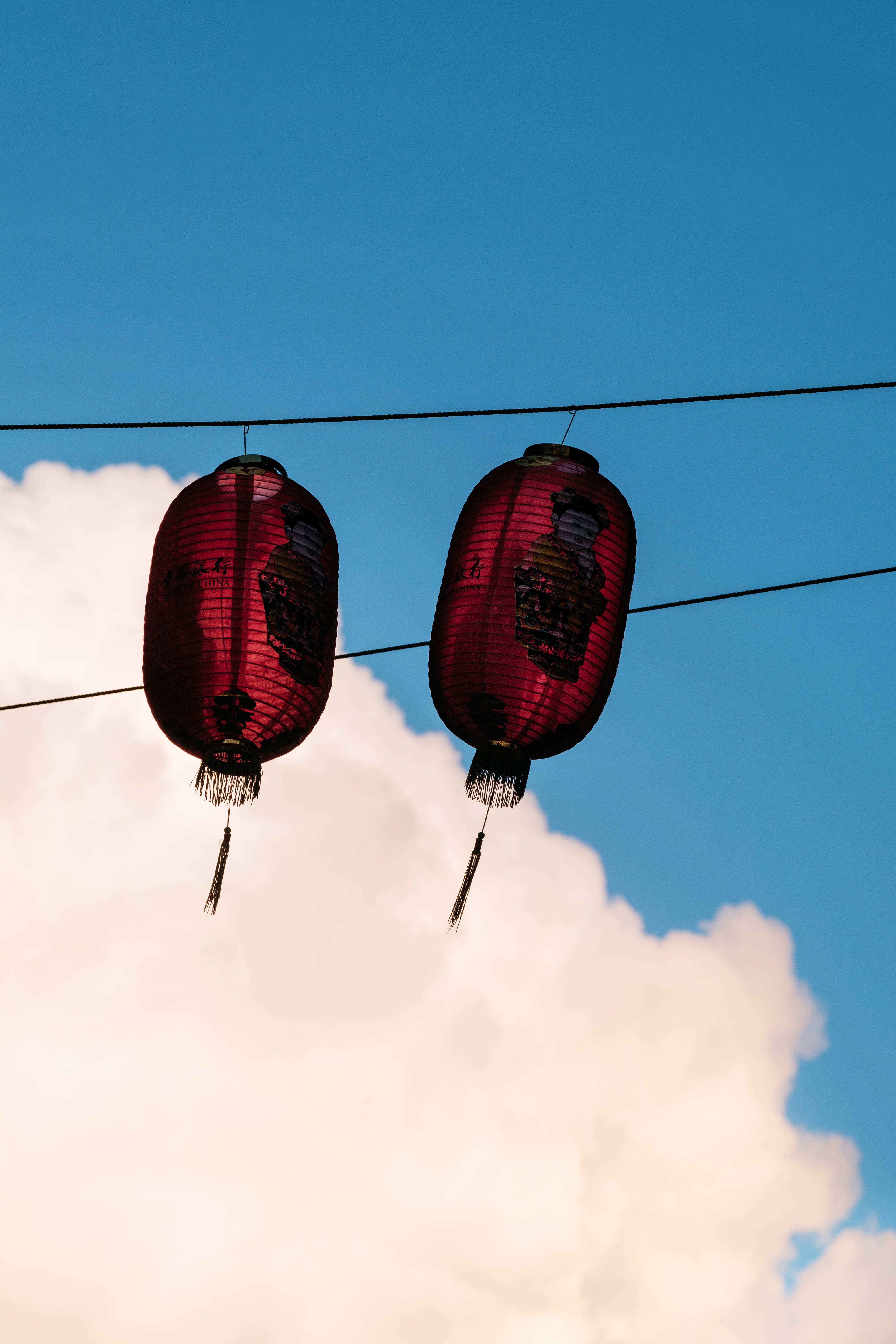 japanese lantern, paper, street, cloud, cloud - sky, lantern, blue, china, chinese, cloudscape, decor, sky, lighting equipment, 5K, asian, electricity, Phone HD Wallpaper