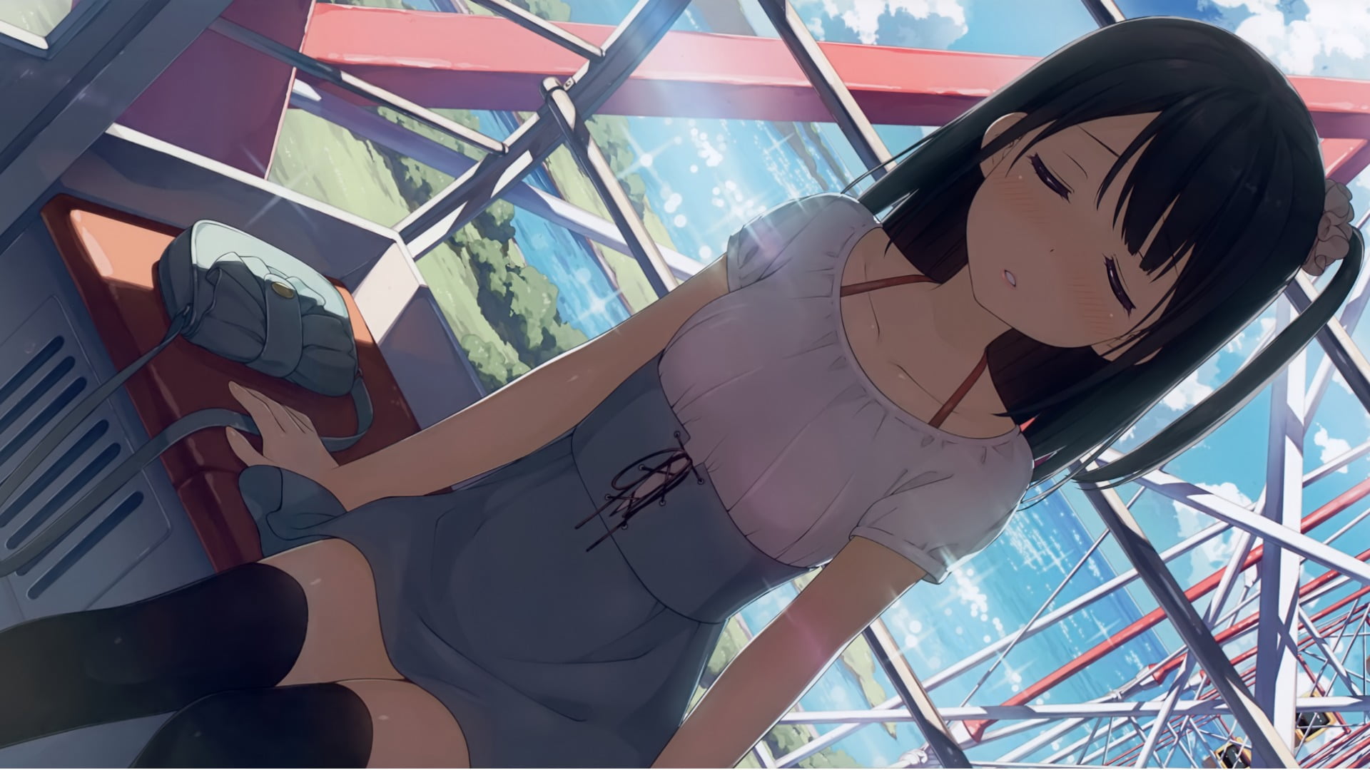 portrait, architecture, brunette, day, metal, close-up, anime girls, nature, art and craft, amusement park, young adult, built structure, arts culture and entertainment, HD Wallpaper