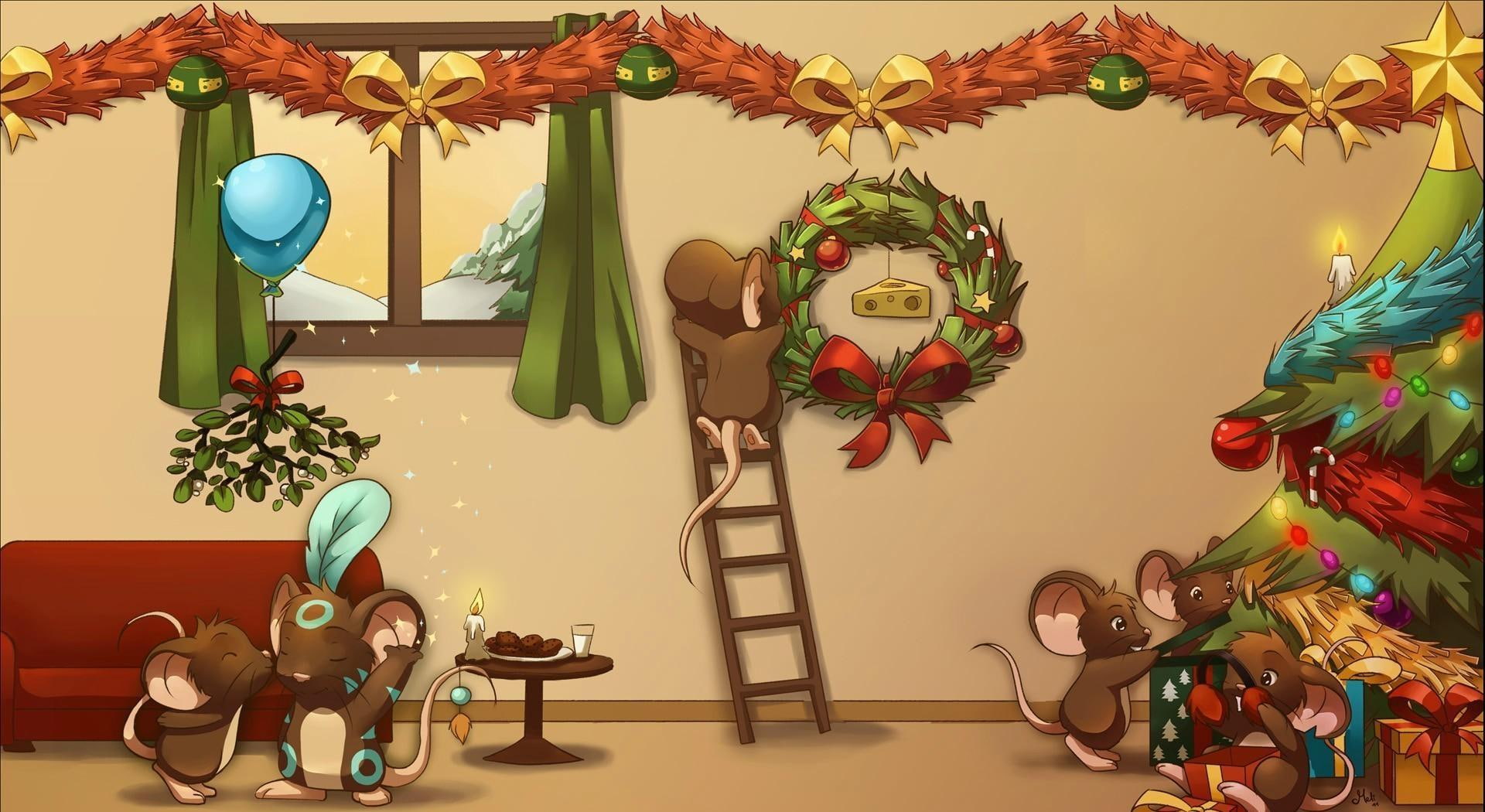 cartoon, mouse, year, new year, vanity, 1080P, new, christmas, decorations, tree, holiday, HD Wallpaper