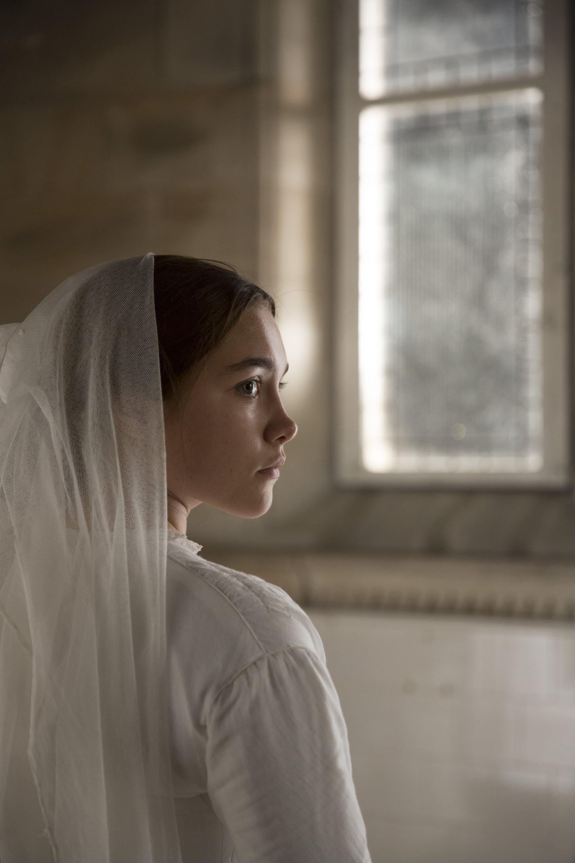 women indoors, Florence Pugh, women, actress, 2K, green eyes, window frames, veils, Phone HD Wallpaper