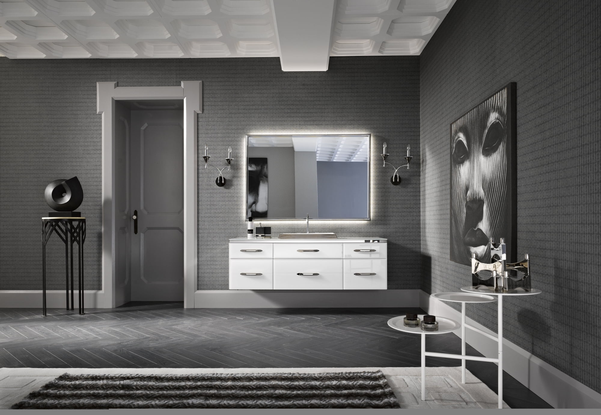 art Deco, mammal, grey, home interior, indoors, mirror, wooden, white, modern, dresser, no people, animal themes, flat screen, design, luxury, lifestyles, HD Wallpaper
