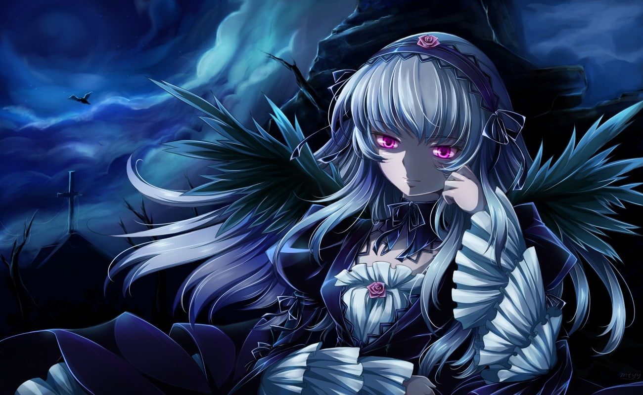 hair, front view, waist up, anime, adult, Suigintou, indoors, 720P, one person, women, studio shot, black background, make-up, hairstyle, black color, HD Wallpaper