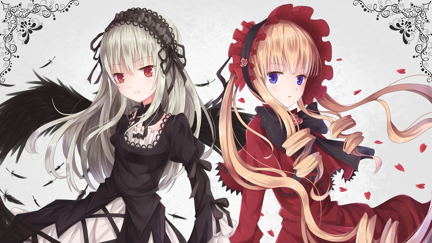 anime girls, mask - disguise, two people, hairstyle, disguise, creativity, paint, hair, Shinku, representation, looking at camera, 720P, indoors, people, HD Wallpaper
