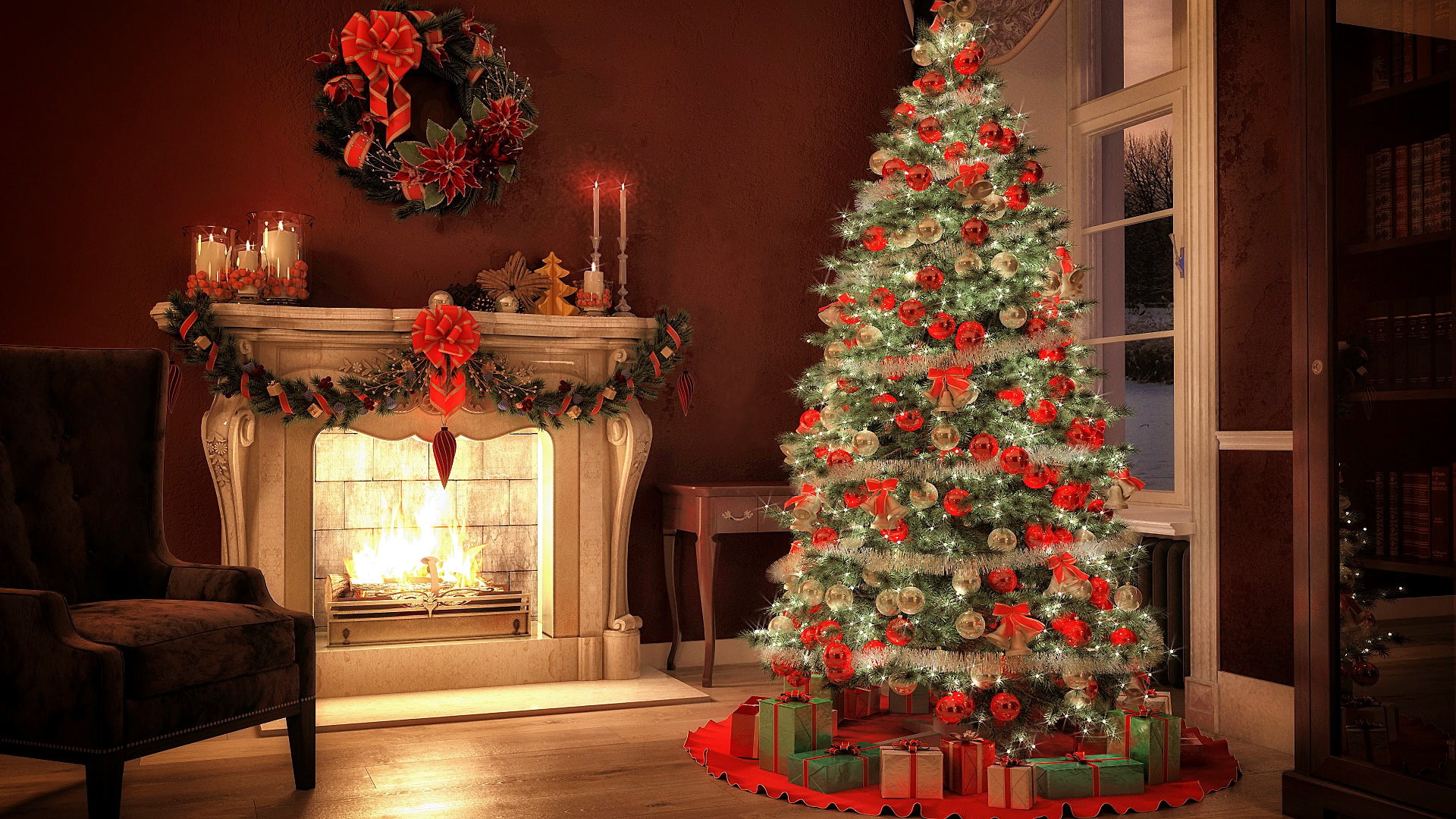 living room, 1080P, fireplace, interior, indoor, christmas tree, christmas, xmas, HD Wallpaper