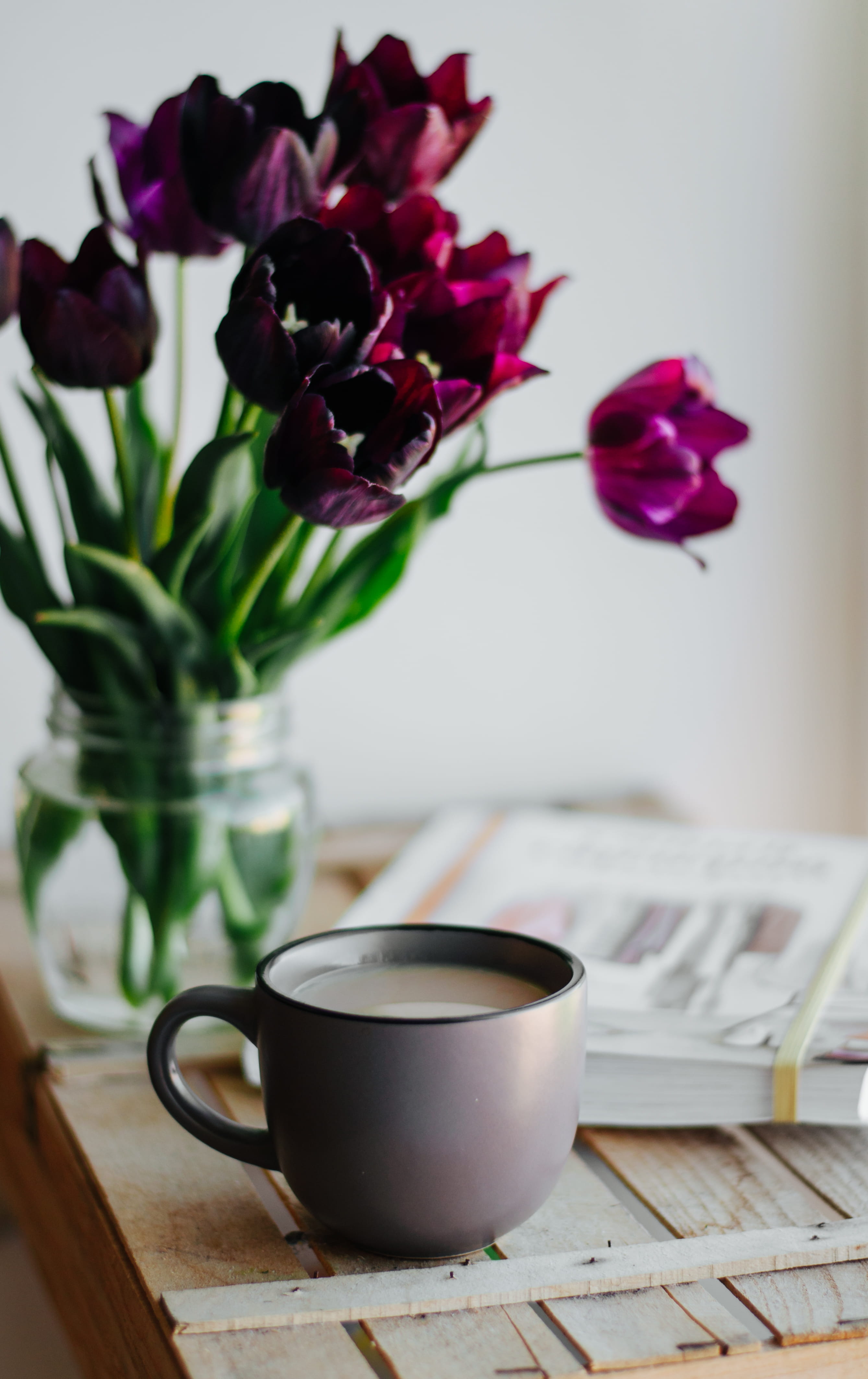 indoors, pottery, close-up, table, beverage, no people, bunch of flowers, coffee cup, document, focus on foreground, vase, text, blossom, 4K, coffee table, Phone HD Wallpaper