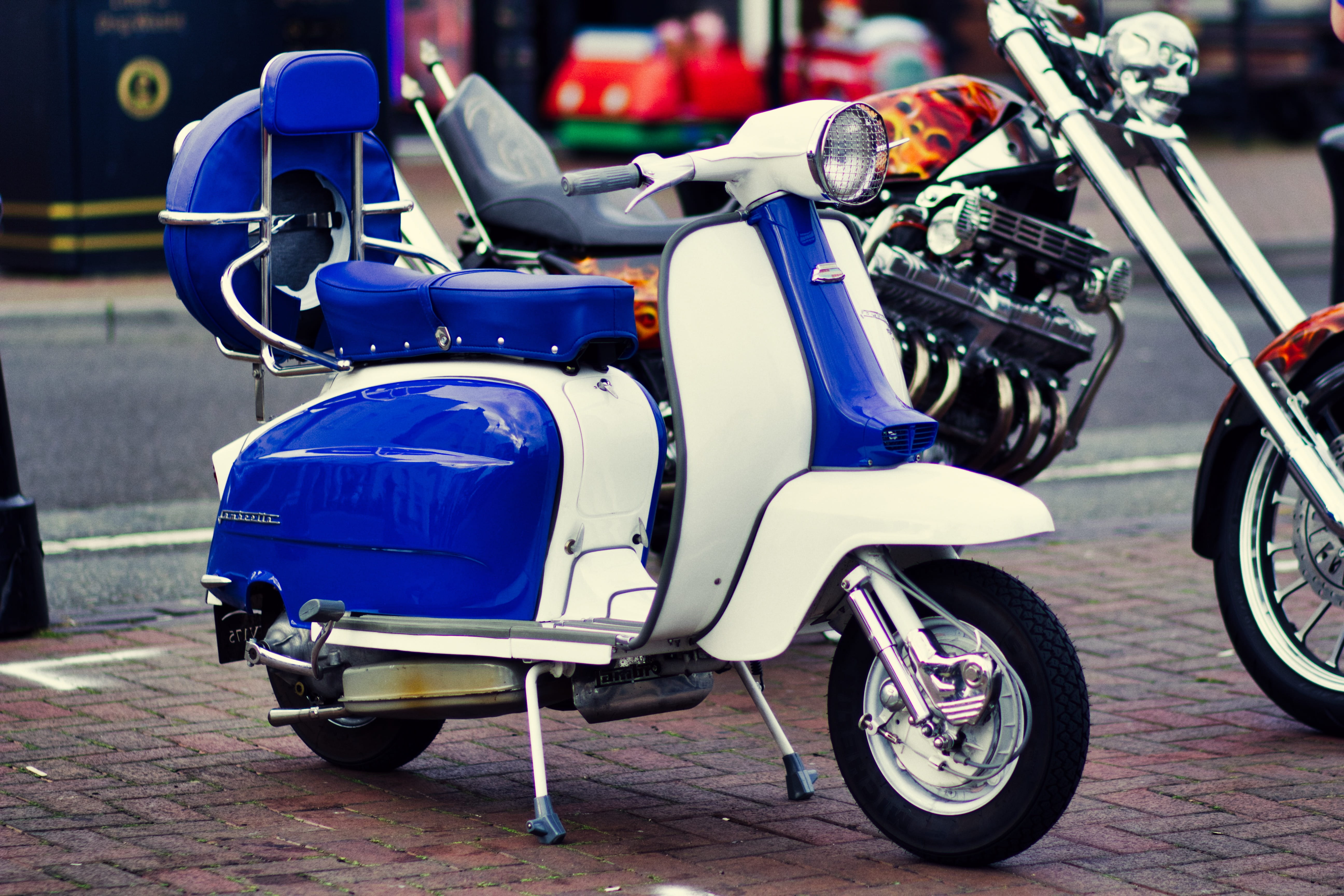 scooter, transportation, city, road, parking, 5K, white, united kingdom, street, retro styled, mode of transportation, cruiser, blue, focus on foreground, HD Wallpaper