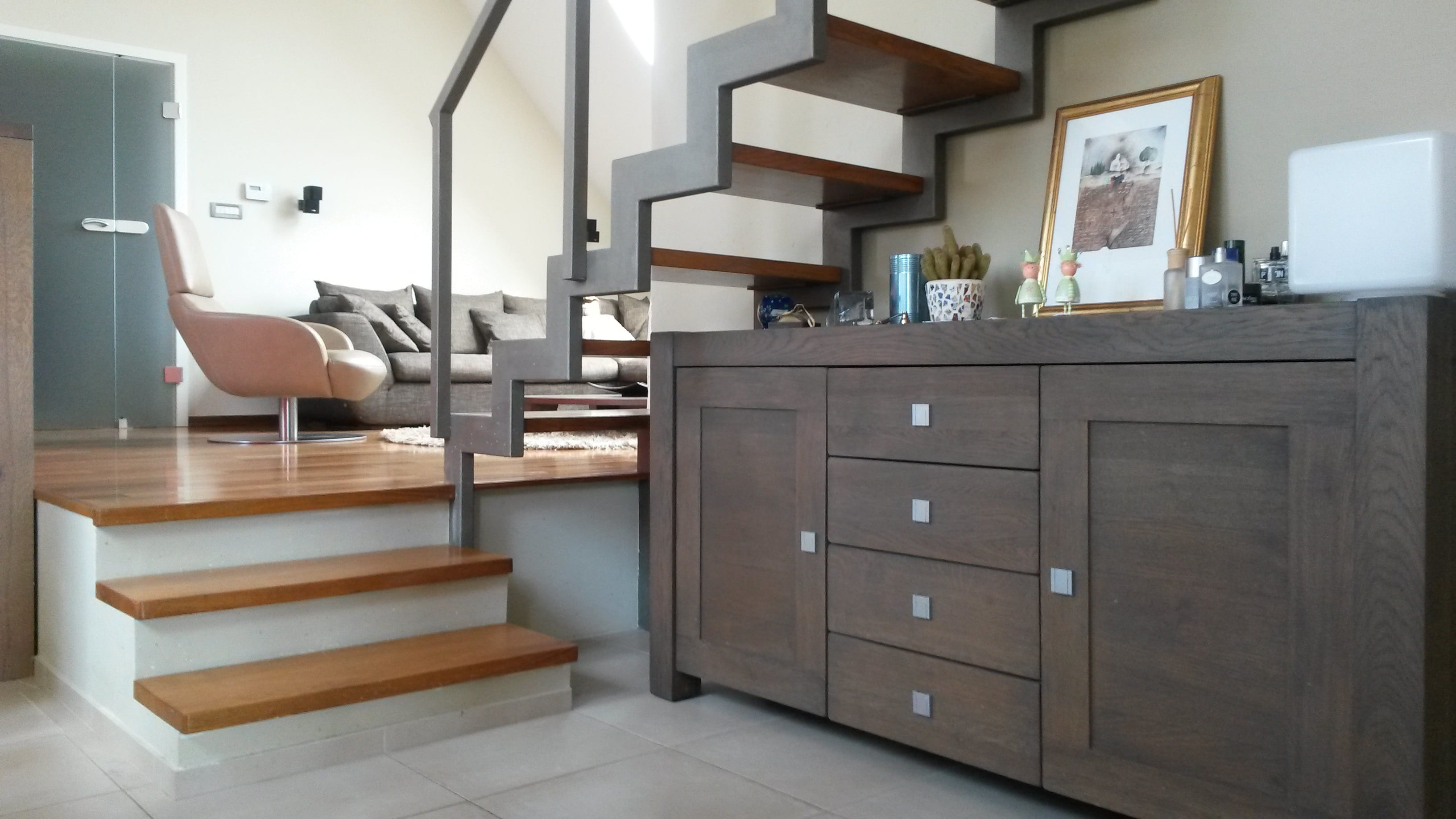 home interior, indoors, filing cabinet, apartment, 2K, drawer, brown, seat, architecture, domestic room, luxury, wooden, lifestyle, modern, tiled floor, HD Wallpaper