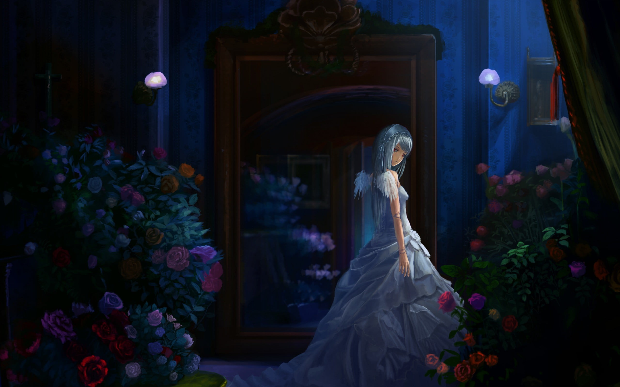 wedding dress, event, newlywed, bouquet, bride, 2K, nature, plant, flowering plant, Night, Girl, women, adult, representation, Candles, flower arrangement, HD Wallpaper