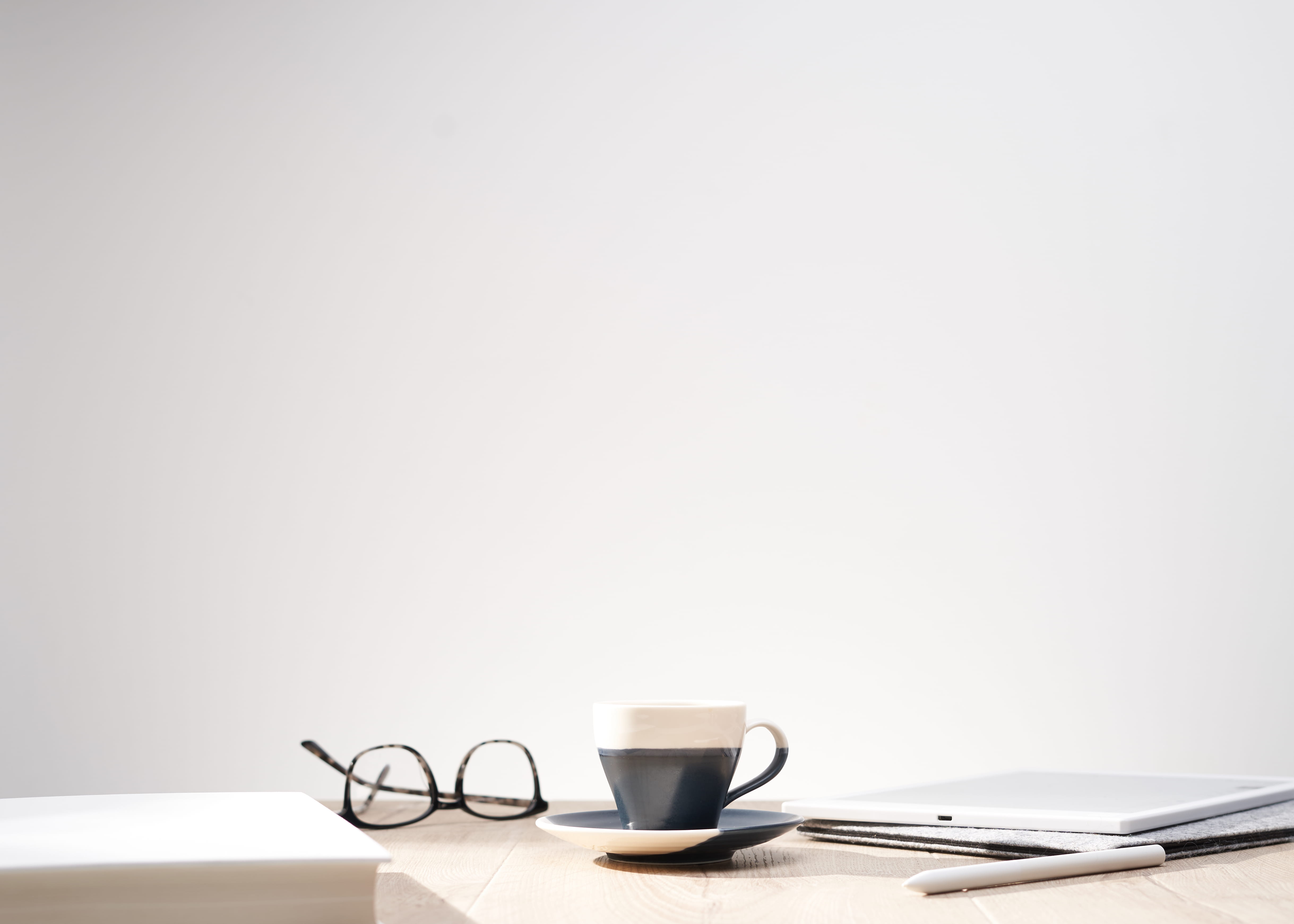 crockery, furniture, book, sideboard, refreshment, indoors, copyspace, eyeglasses, wood, drink, 4K, hot drink, accessory, light, coffee, white background, HD Wallpaper
