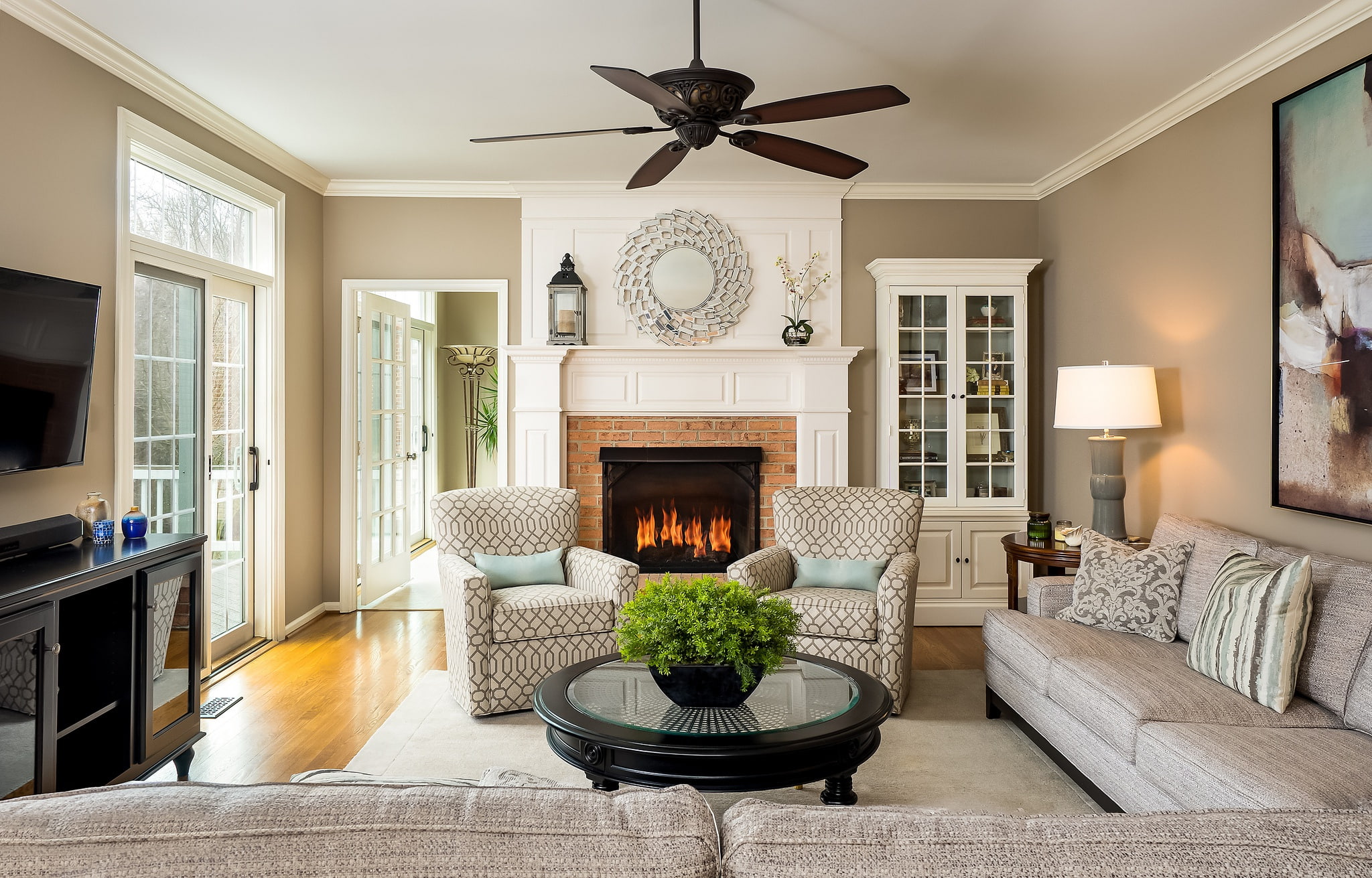 chairs, fire, table, sideboard, design, living room, sofa, fireplace, 1080P, HD Wallpaper