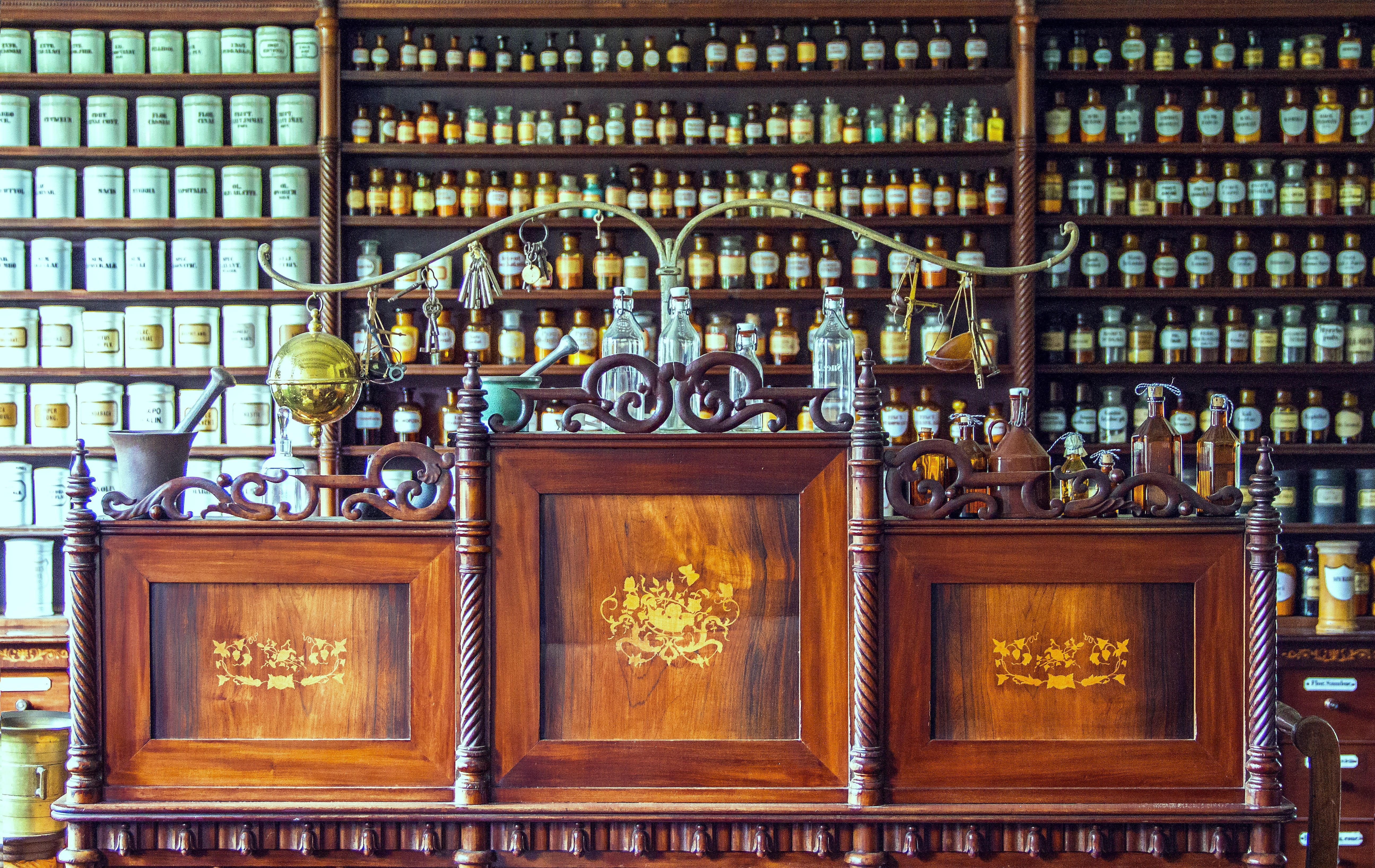 glass bottles, 5K, accuracy, in a row, the past, kiel, window, antique, furniture, wooden desk, medical glass bottles, architecture, cabinet, history, HD Wallpaper
