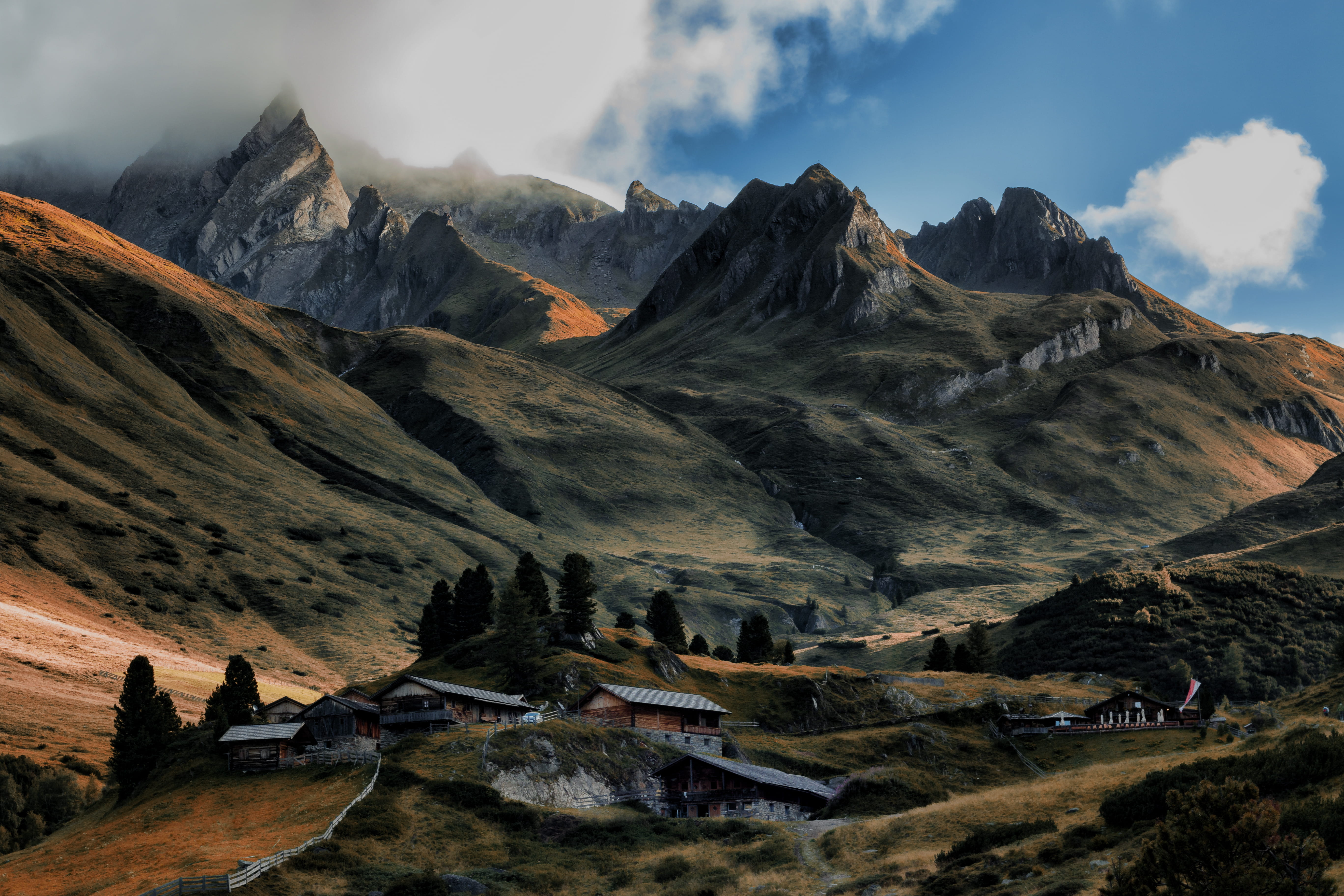 mountain range, brown, sky, beauty in nature, shelter, outdoors, hill, cloud - sky, landscape, environment, building, building exterior, tranquility, rural, HD Wallpaper