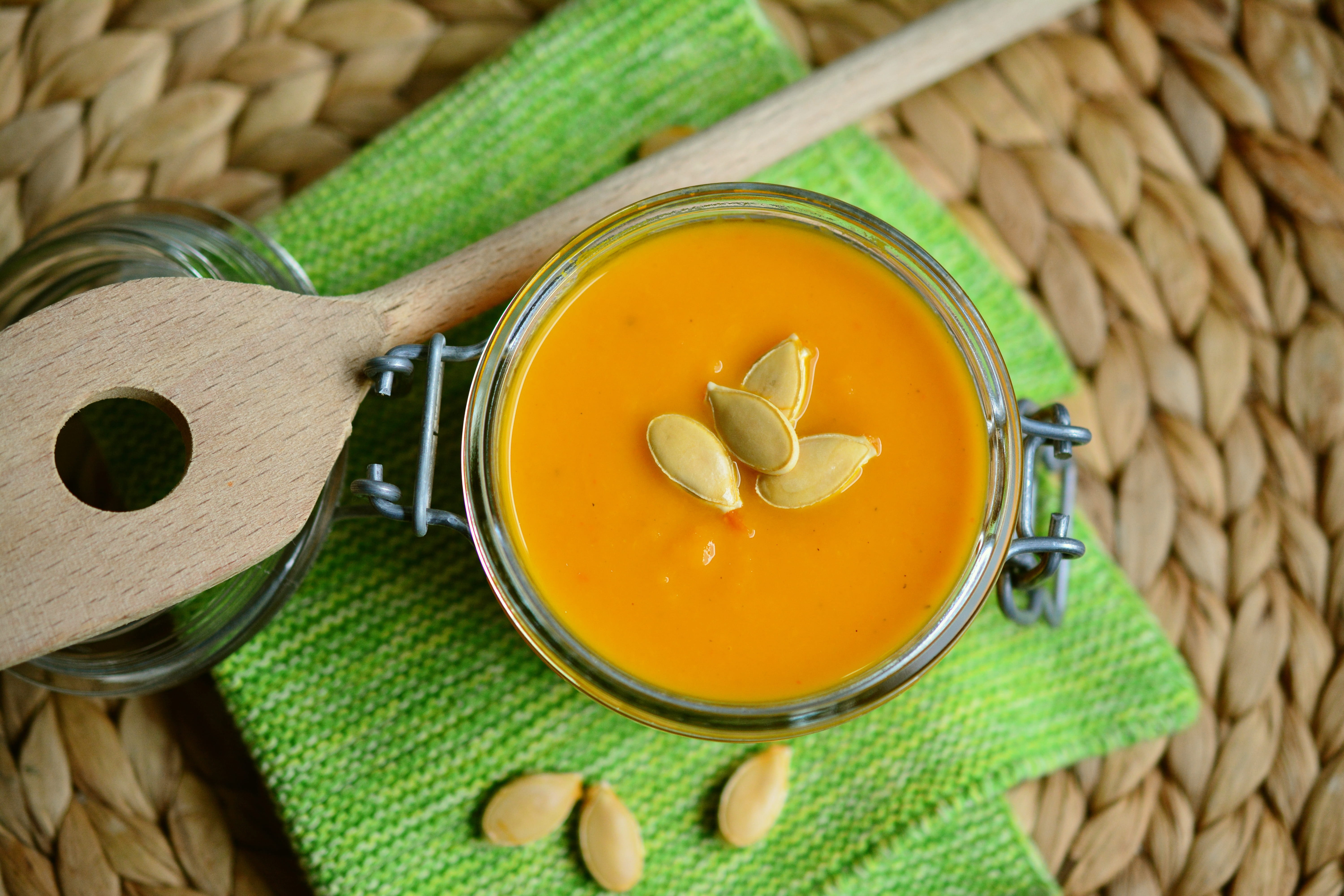 spicy, directly above, kitchen, household equipment, food, wood - material, vegetables, container, still life, glass, cooked, eat, hokkaido, pumpkin soup, HD Wallpaper