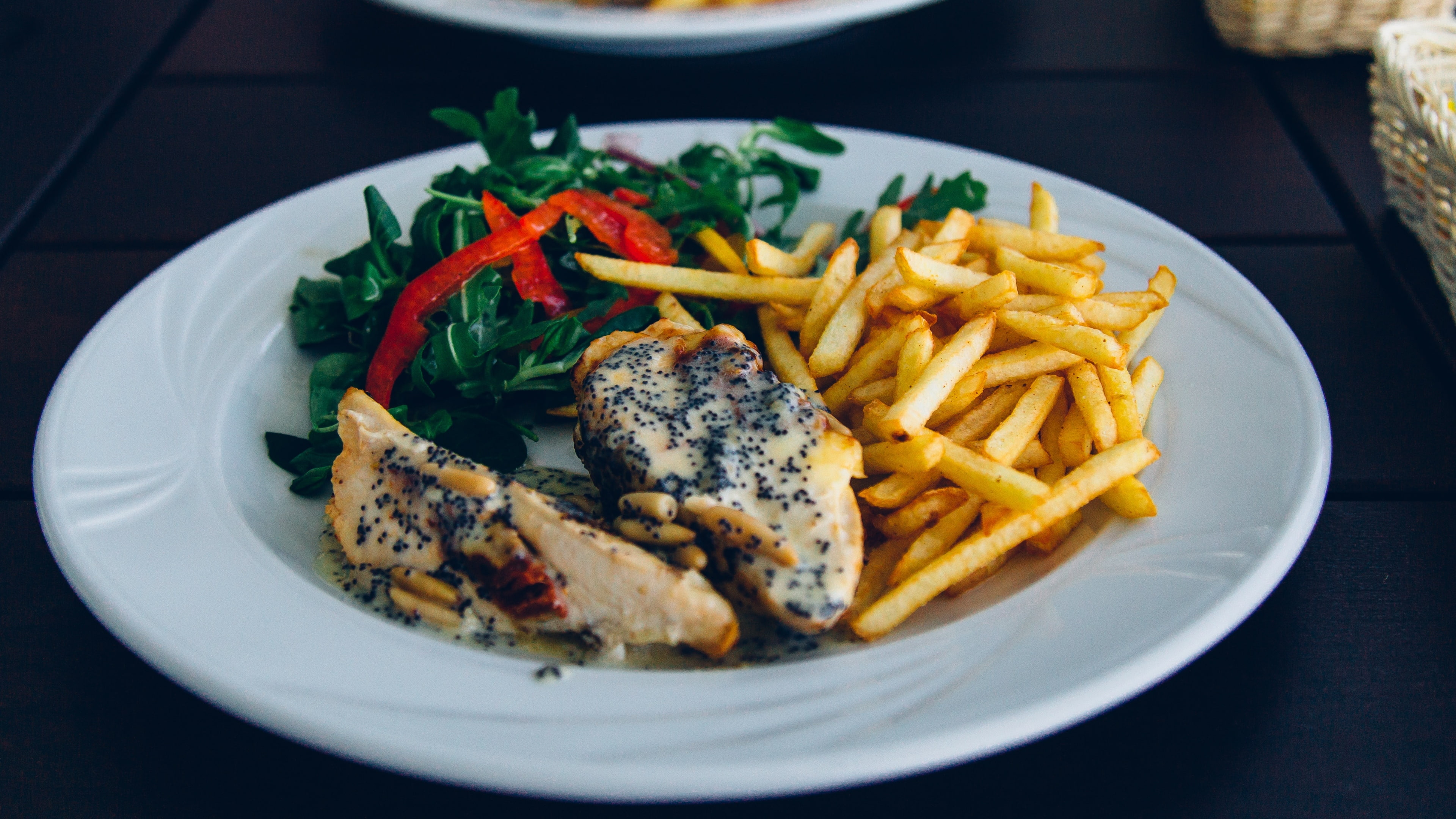 french fries, snack, indulgence, prepared potato, high angle view, close-up, plate, comfort food, no people, Chicken, temptation, potato, serving size, HD Wallpaper
