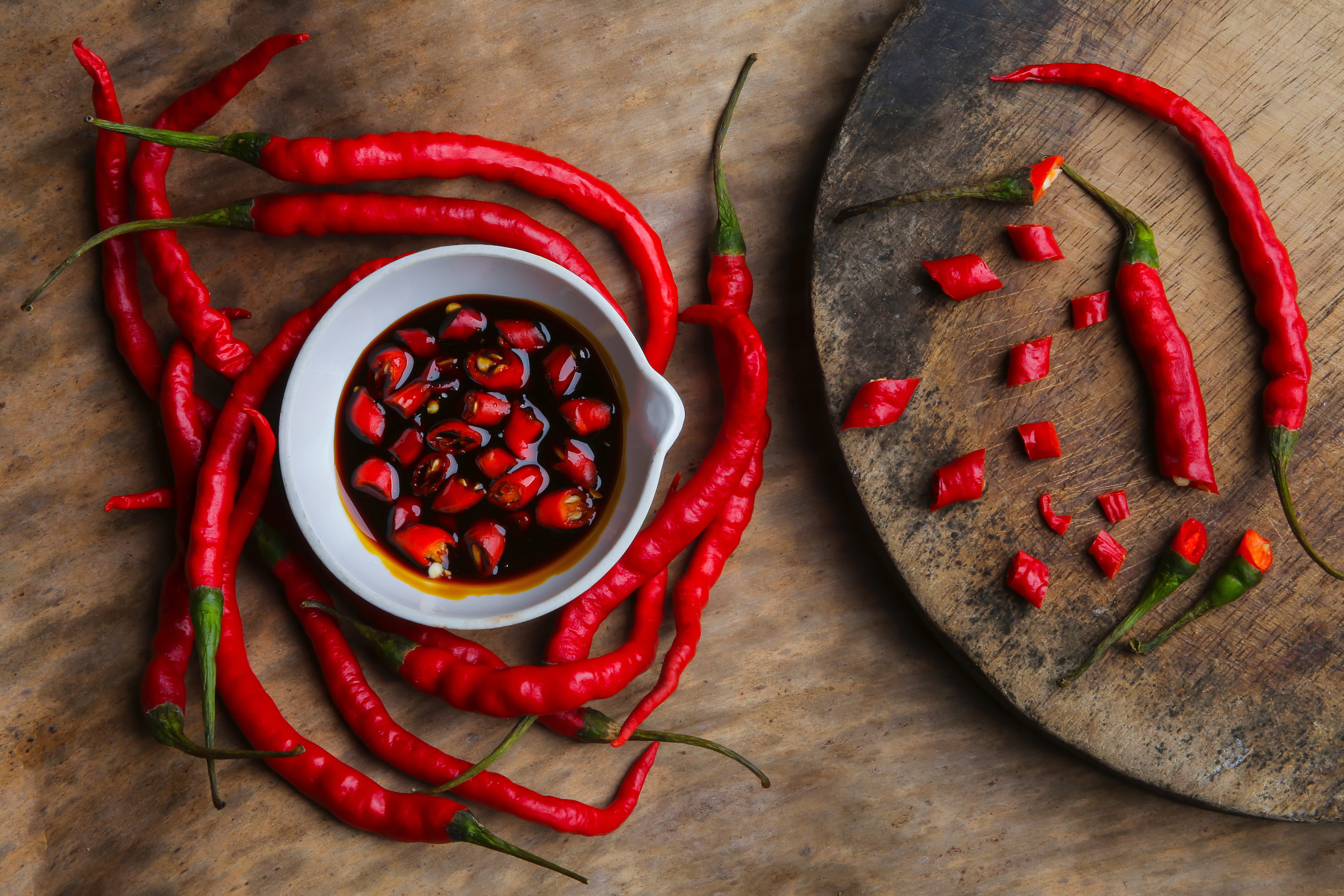 indoors, no people, vegetable, healthy eating, 4K, red chili pepper, food and Drink, hot, still life, close-up, red, high angle view, table, peppers, freshness, HD Wallpaper