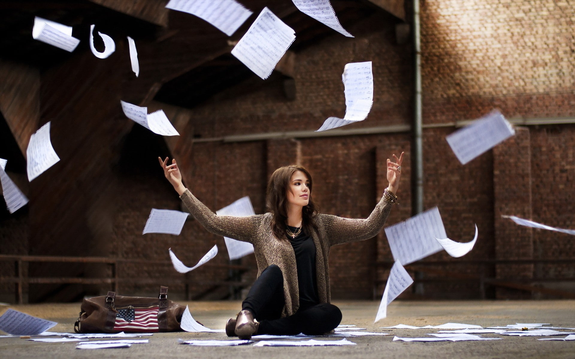 musical notes, flag, paper, 1080P, on the floor, arms up, women, bag, HD Wallpaper
