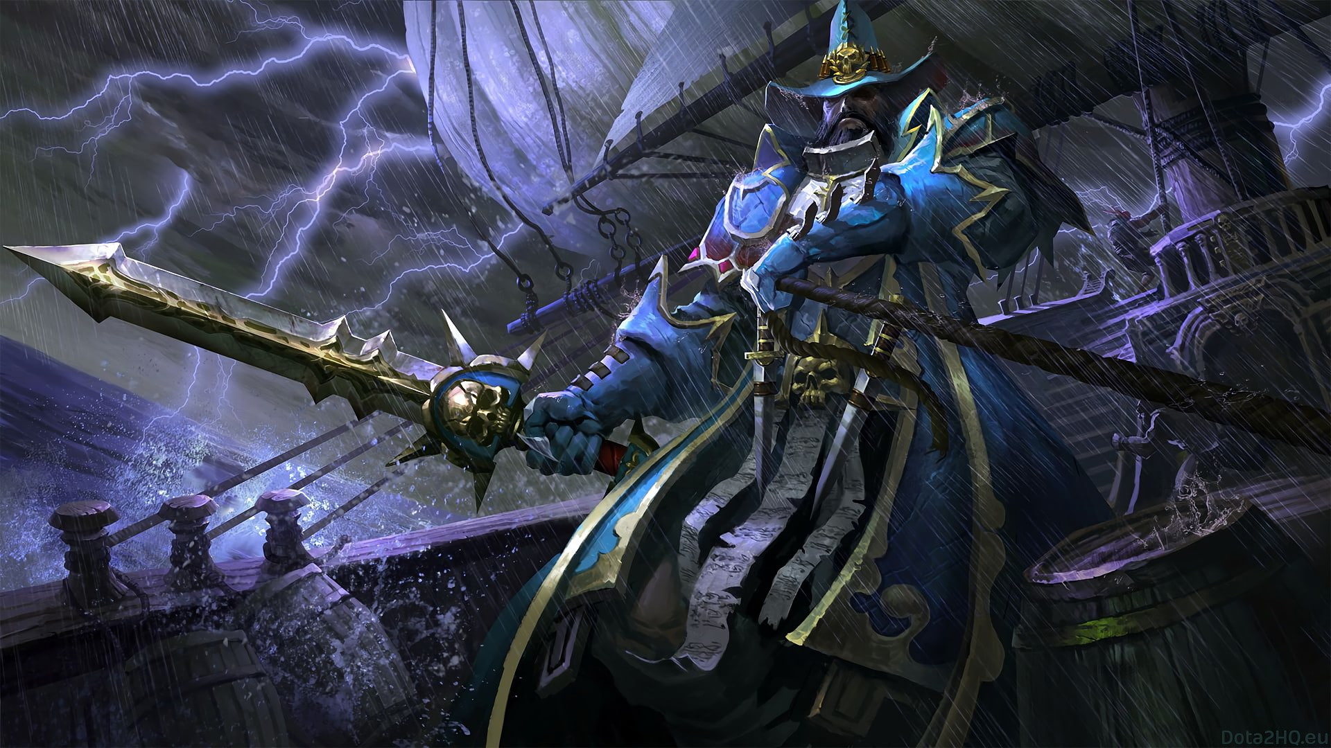 boat, art, fantasy, pirate, lightning, hat, full, storm, kunkka, dota, game, hd, 1080P, mash, HD Wallpaper